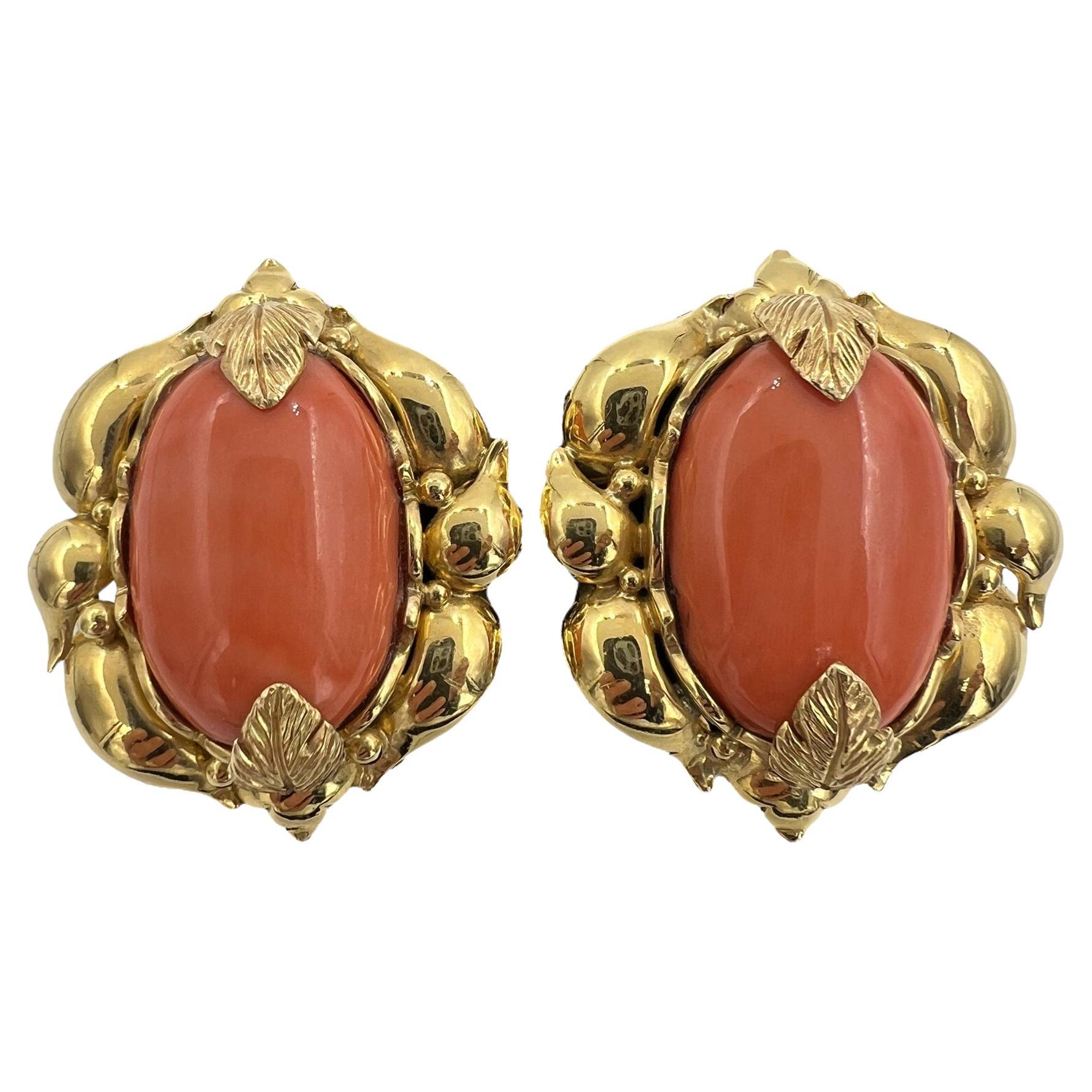 Vintage Extra Large Coral Yellow Gold Clip On Earrings Circa 1970s For Sale