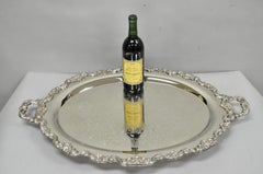 Vintage Extra Large Oval Silver Plated Serving Platter Bar Tray w/ Smoked Finish