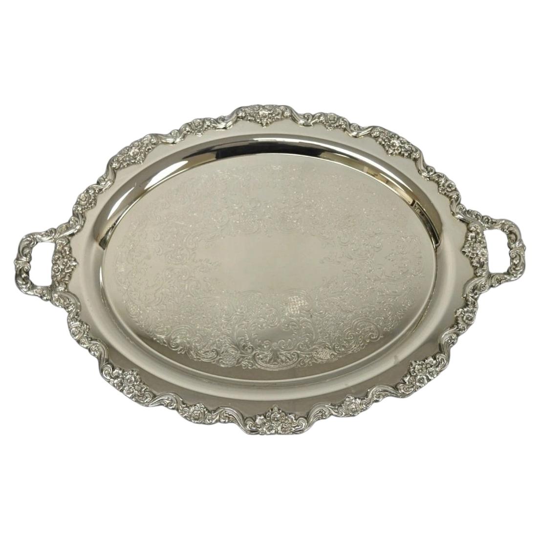 Vintage Extra Large Oval Silver Plated Serving Platter Bar Tray w/ Smoked Finish