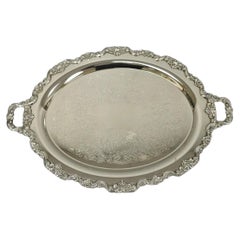 Vintage Extra Large Oval Silver Plated Serving Platter Bar Tray w/ Smoked Finish
