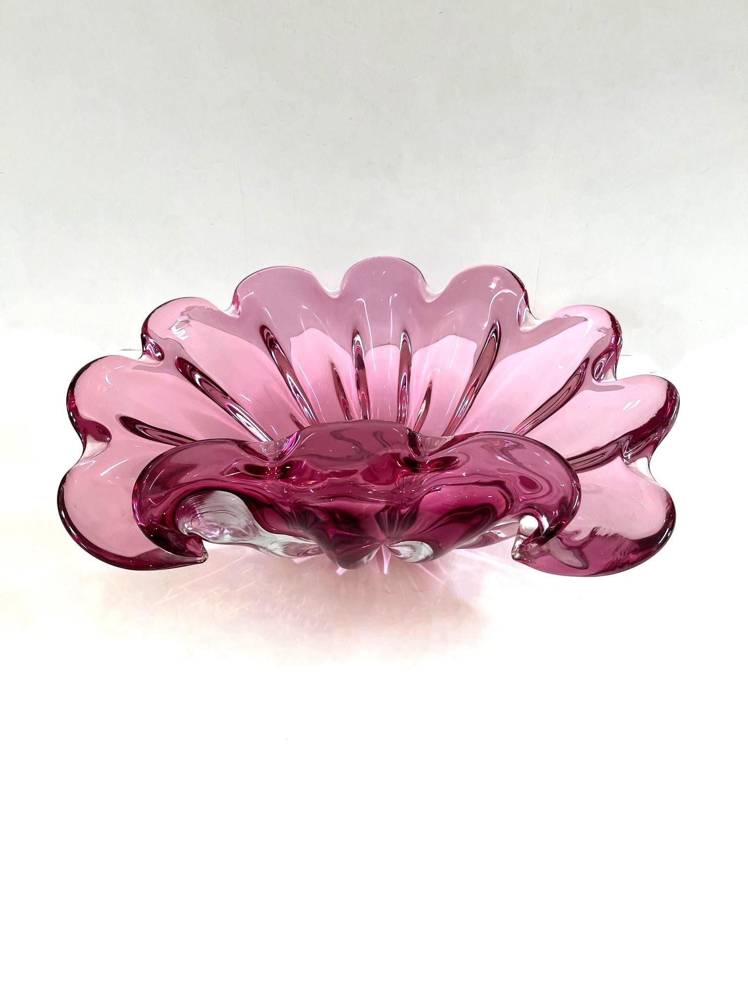 Vintage Extra Large Rare Pink Rolled Edge Art Glass Murano Glass Shell Bowl For Sale 4
