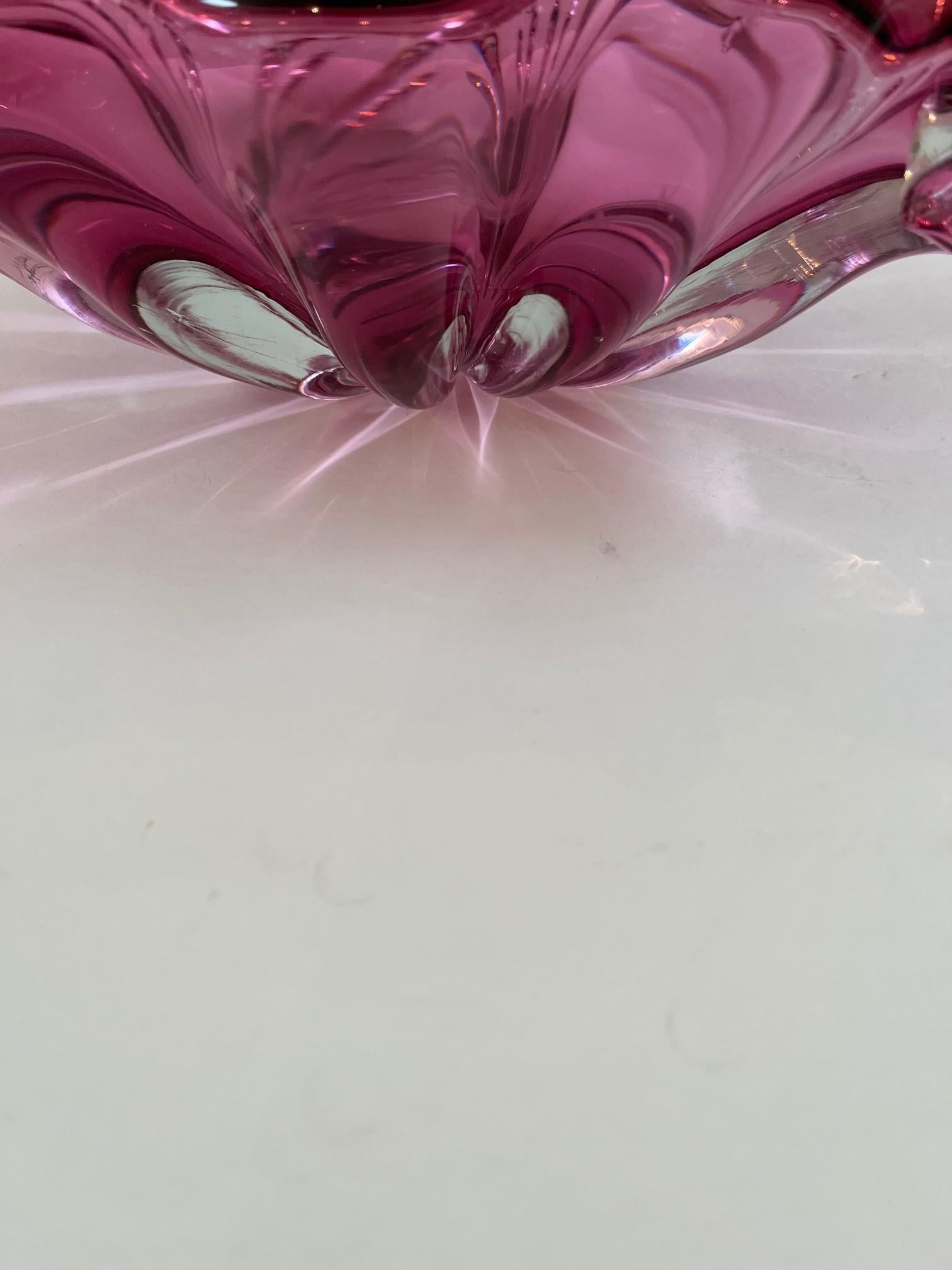 Vintage Extra Large Rare Pink Rolled Edge Art Glass Murano Glass Shell Bowl For Sale 5