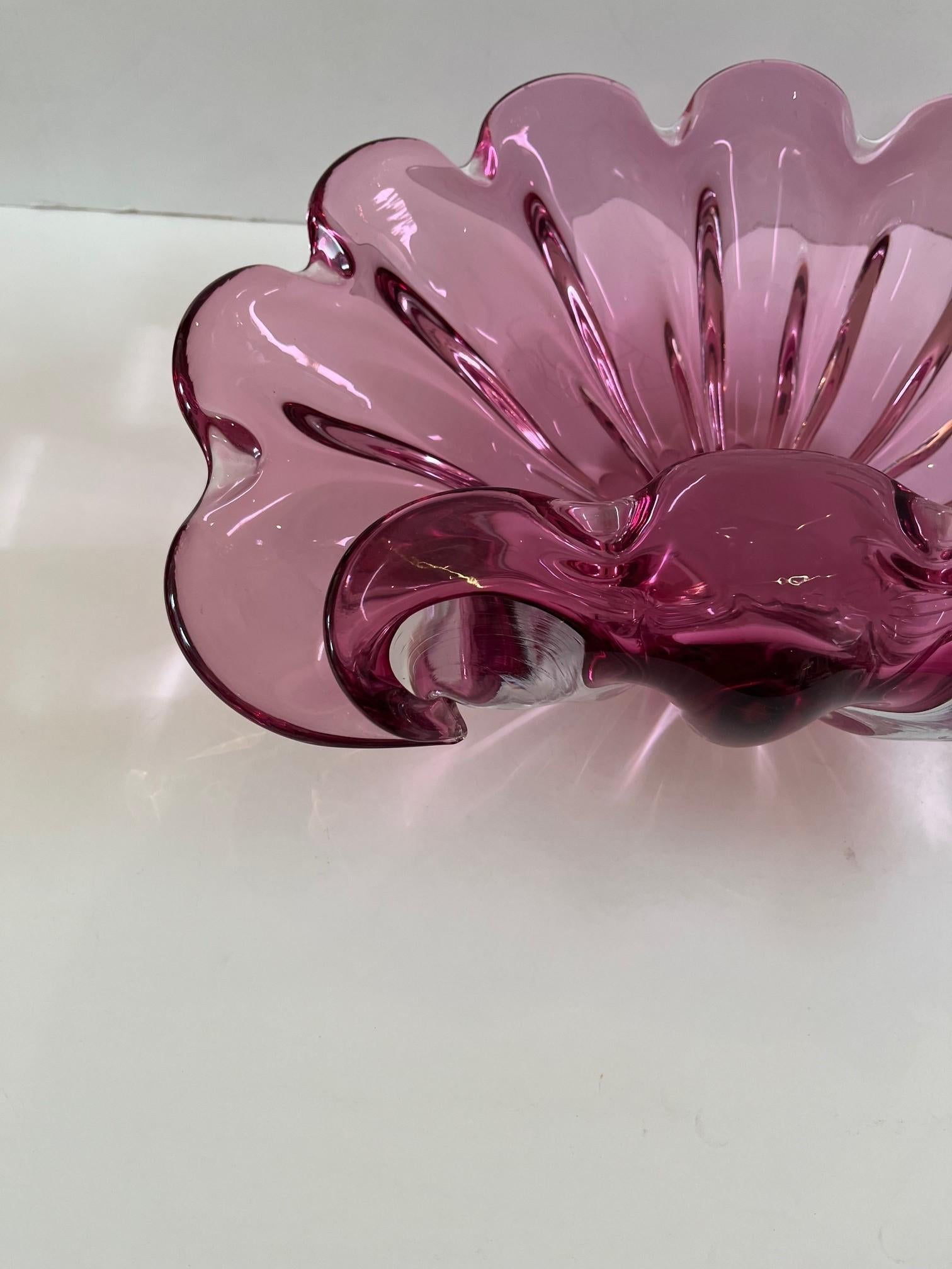 Vintage Extra Large Rare Pink Rolled Edge Art Glass Murano Glass Shell Bowl For Sale 6