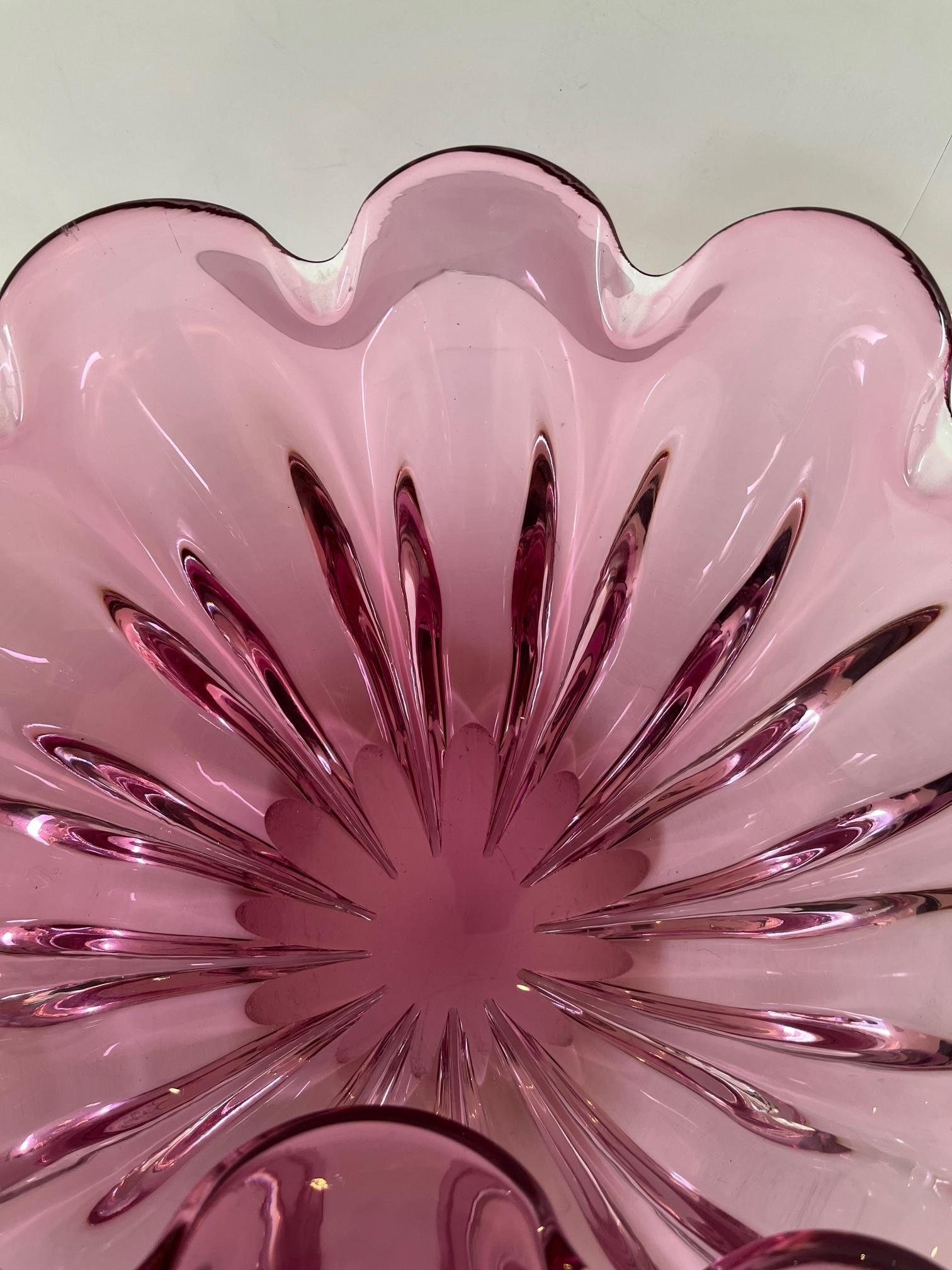 Vintage Extra Large Rare Pink Rolled Edge Art Glass Murano Glass Shell Bowl For Sale 7