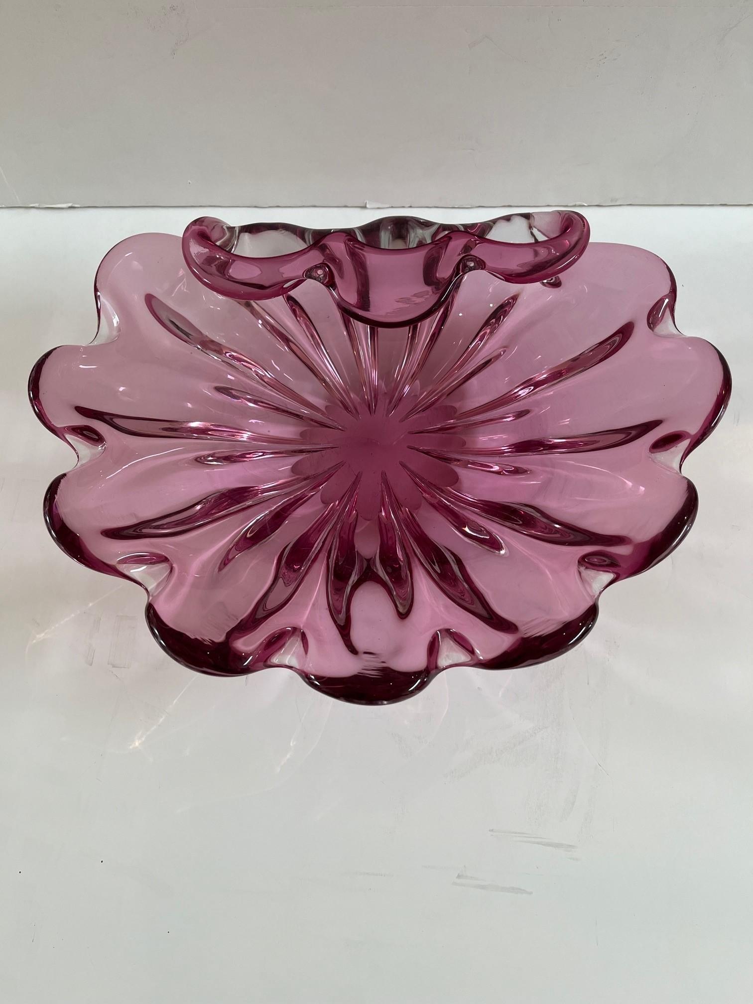 Carved Vintage Extra Large Rare Pink Rolled Edge Art Glass Murano Glass Shell Bowl For Sale
