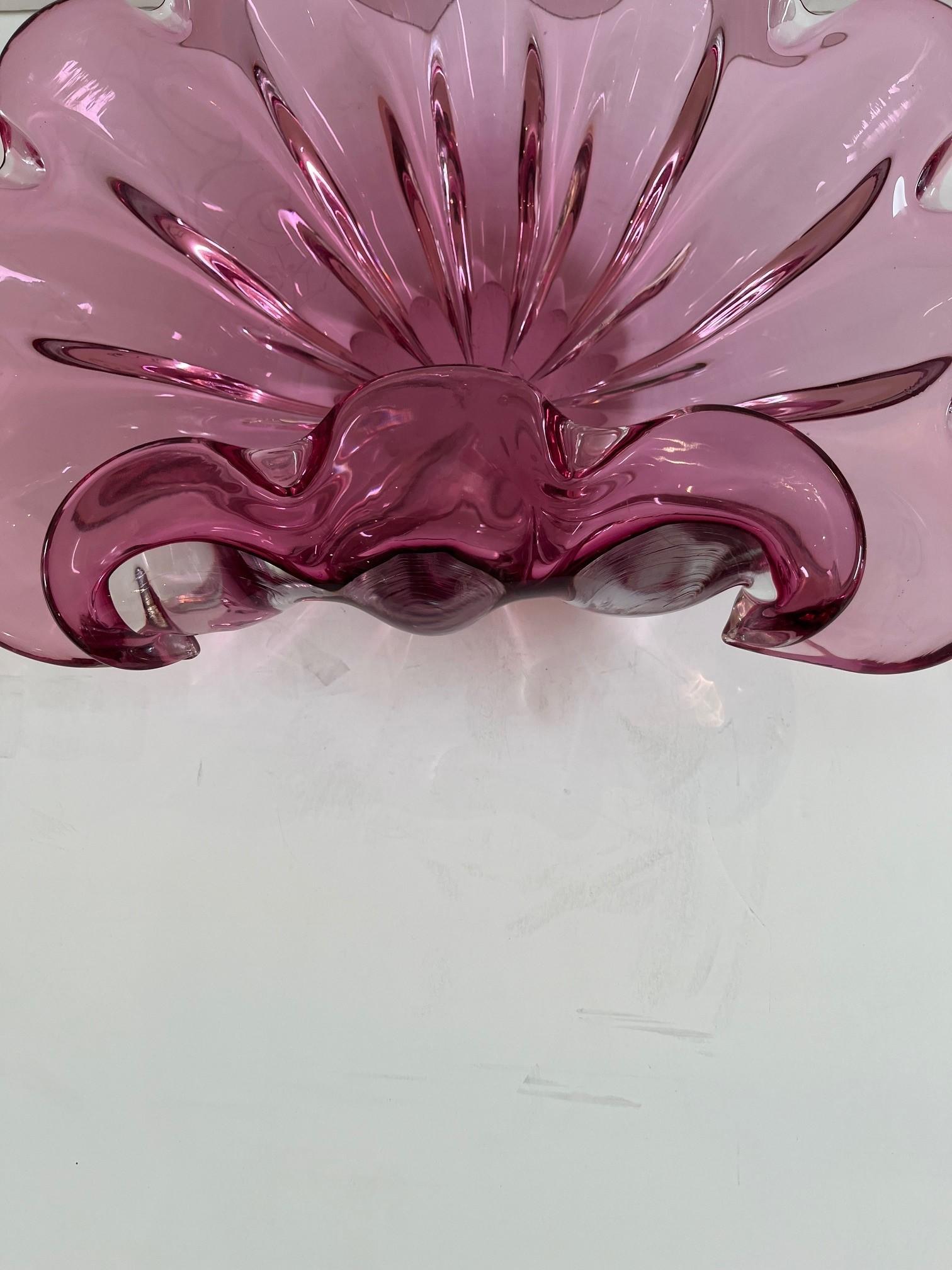 Late 20th Century Vintage Extra Large Rare Pink Rolled Edge Art Glass Murano Glass Shell Bowl For Sale
