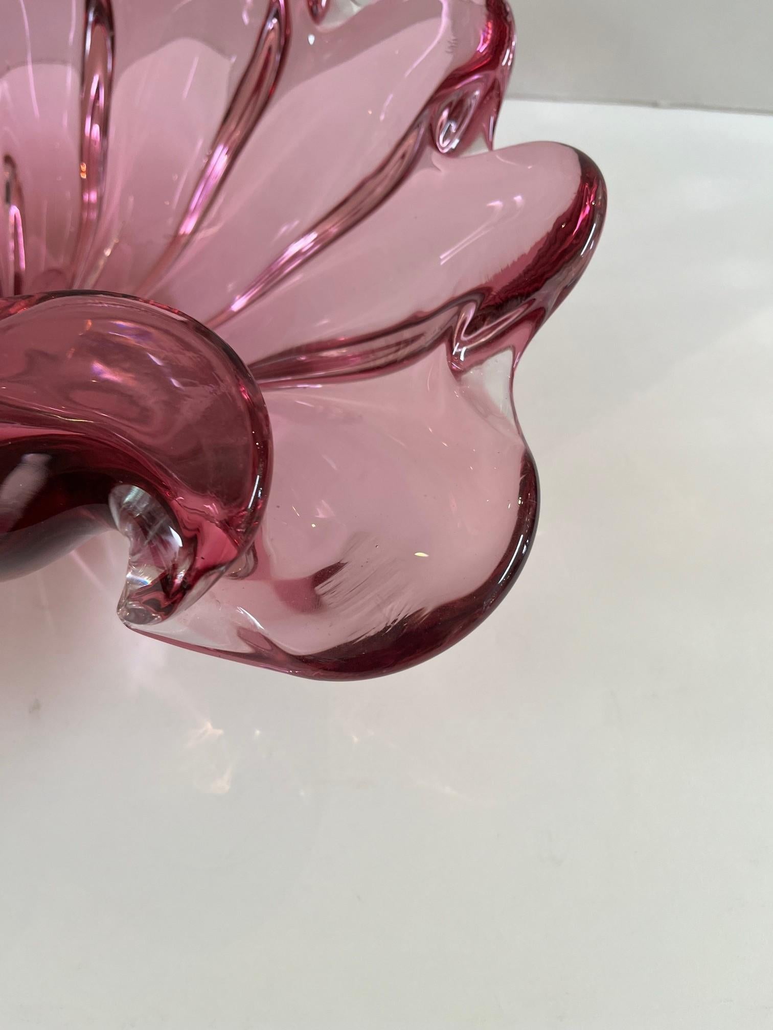 Vintage Extra Large Rare Pink Rolled Edge Art Glass Murano Glass Shell Bowl For Sale 1