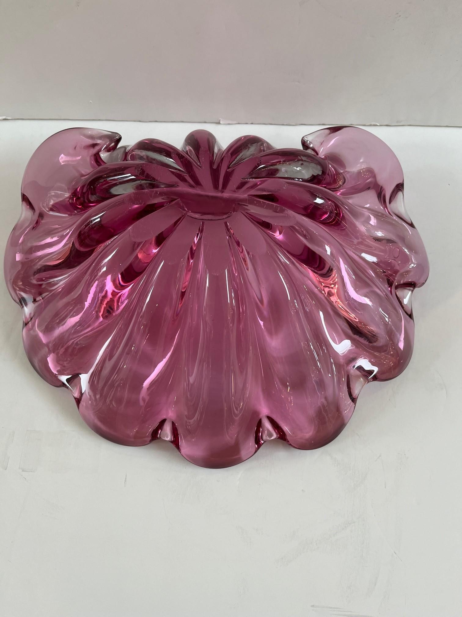 Vintage Extra Large Rare Pink Rolled Edge Art Glass Murano Glass Shell Bowl For Sale 2