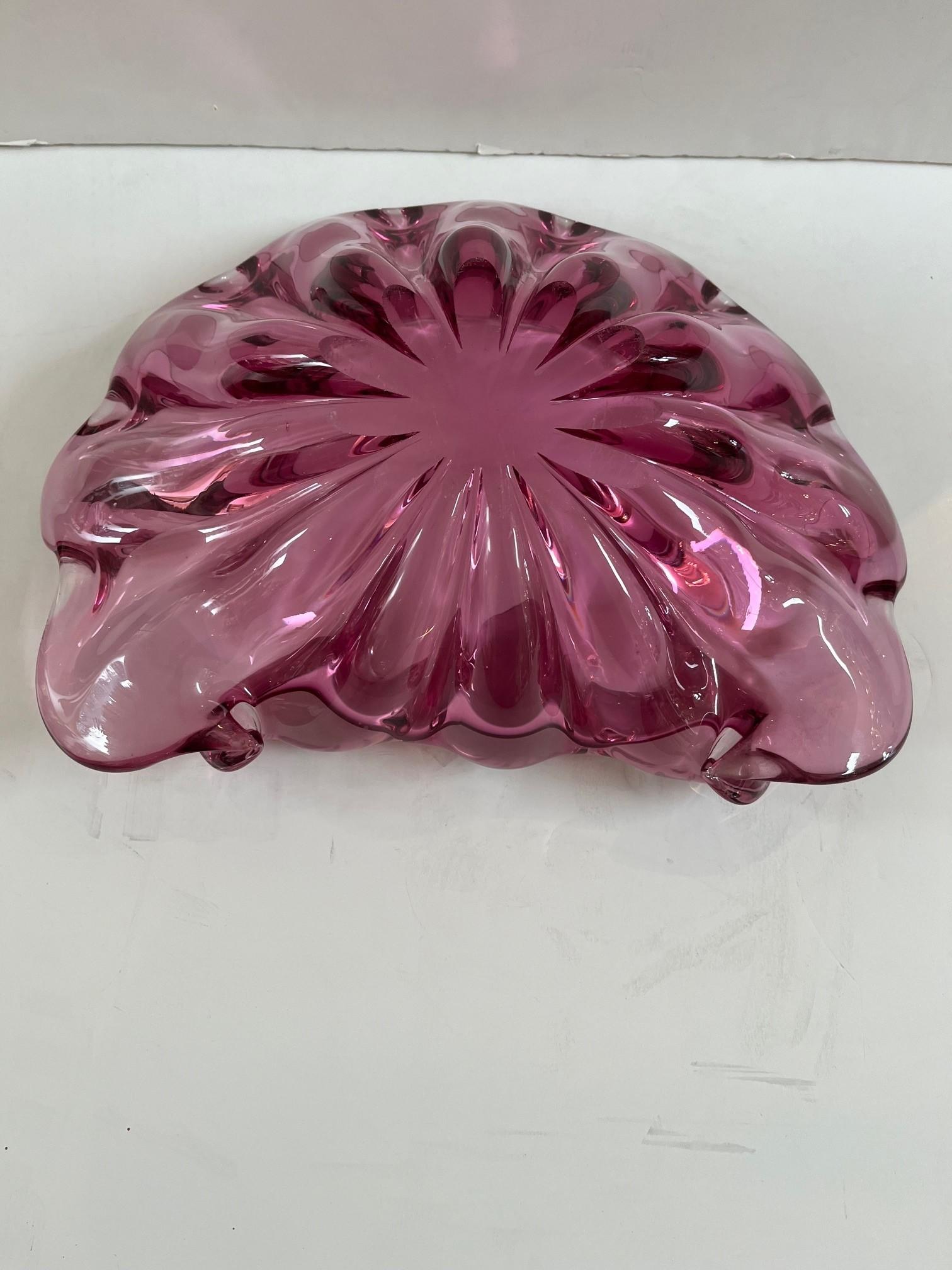 Vintage Extra Large Rare Pink Rolled Edge Art Glass Murano Glass Shell Bowl For Sale 3