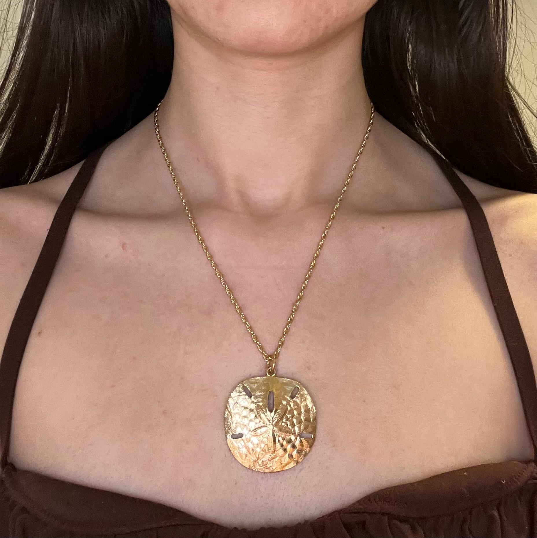 Vintage Extra Large Sand Dollar Charm Pendant with Chain In Excellent Condition In Boston, MA