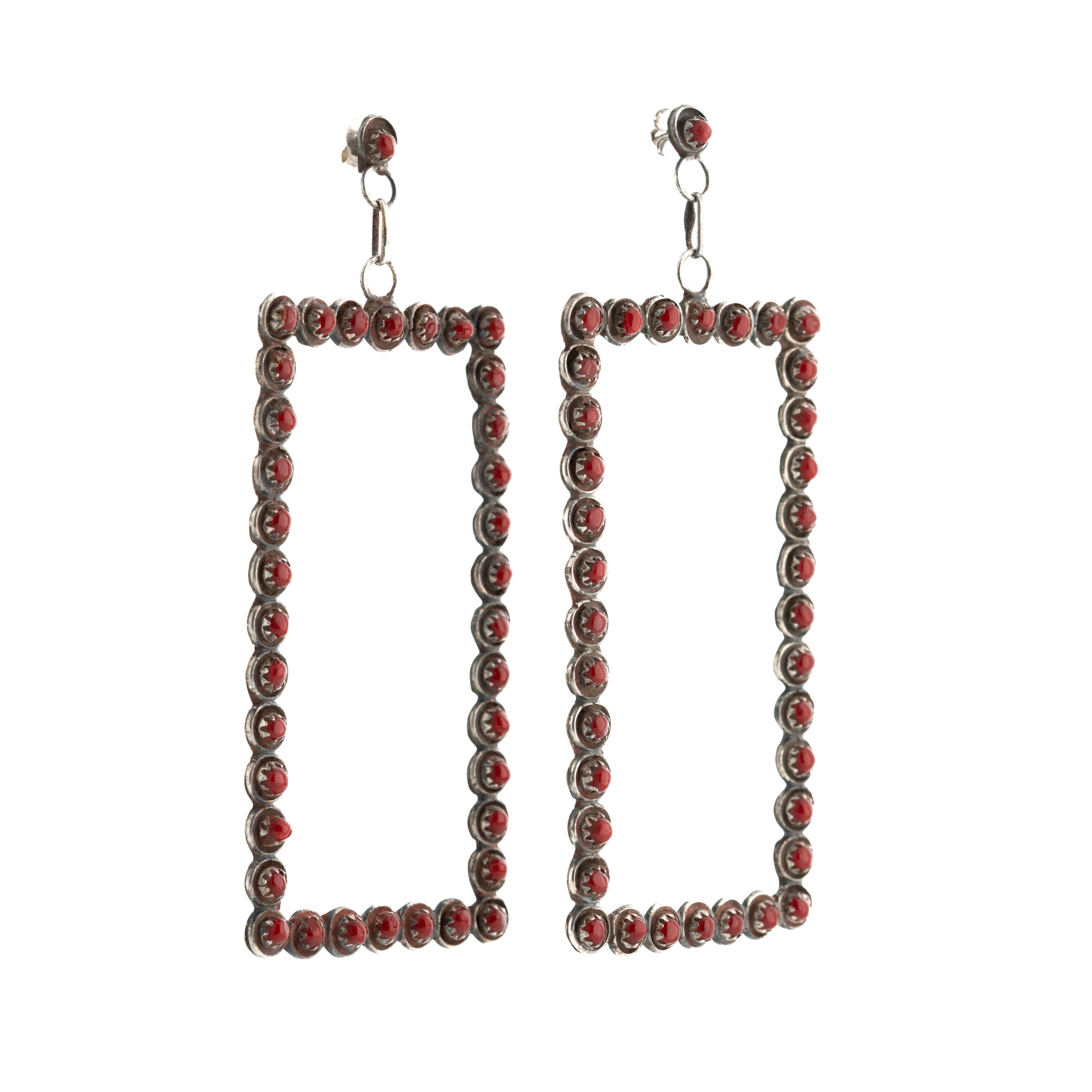 Native American Vintage Extra Large Zuni Hand-Wrought Silver and Coral Rectangle Earrings c.1960 For Sale