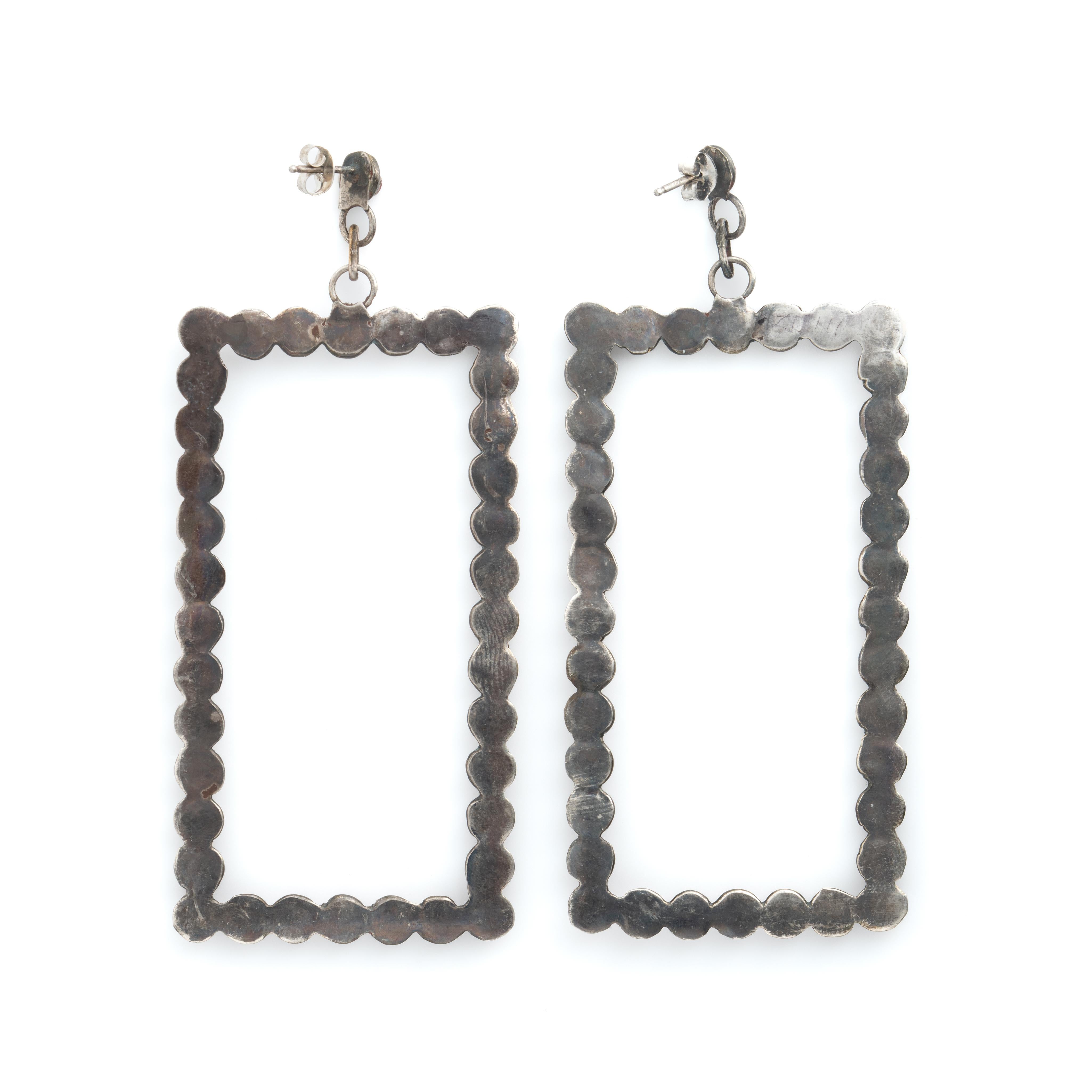 Round Cut Vintage Extra Large Zuni Hand-Wrought Silver and Coral Rectangle Earrings c.1960 For Sale