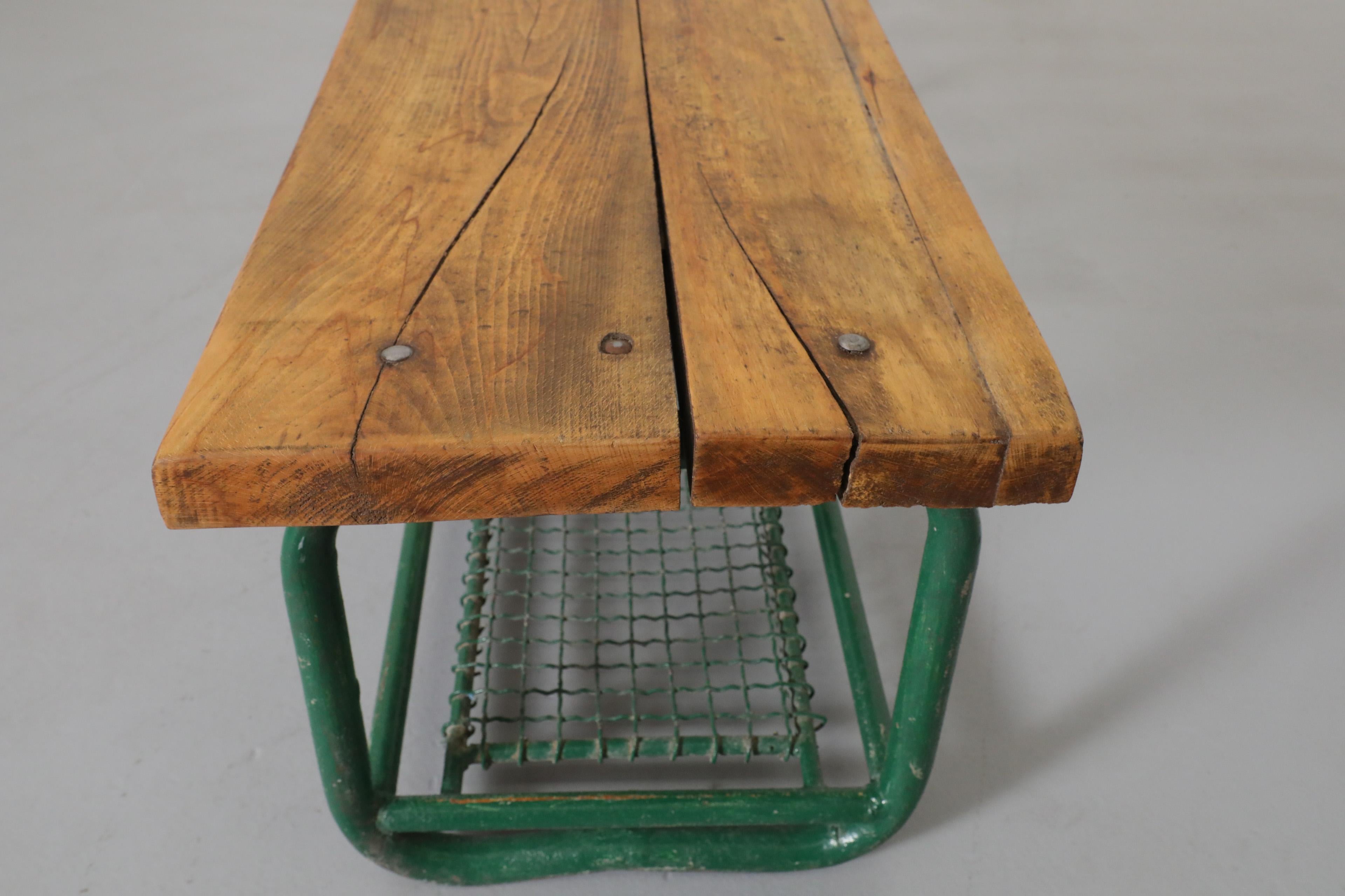 Vintage Extra Long Green Enameled Steel & Solid Oak Gym Bench with Lower Storage For Sale 2