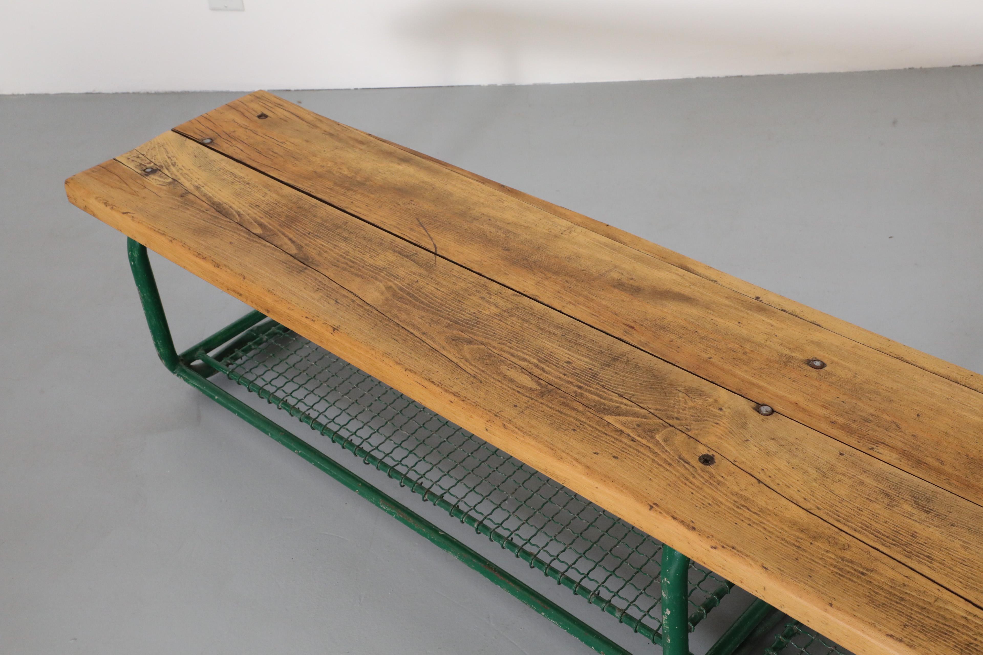 Vintage Extra Long Green Enameled Steel & Solid Oak Gym Bench with Lower Storage For Sale 3