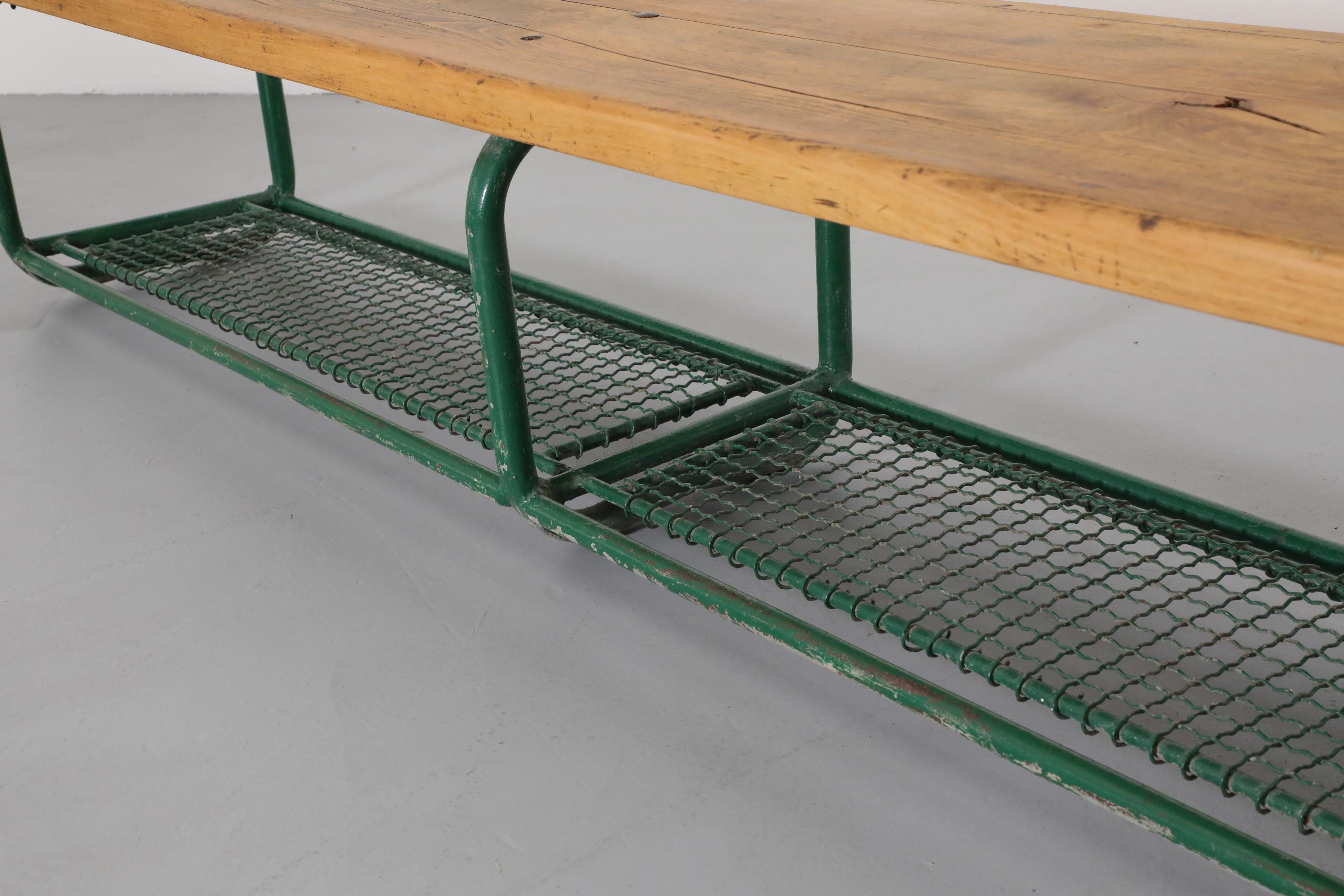 Vintage Extra Long Green Enameled Steel & Solid Oak Gym Bench with Lower Storage For Sale 4