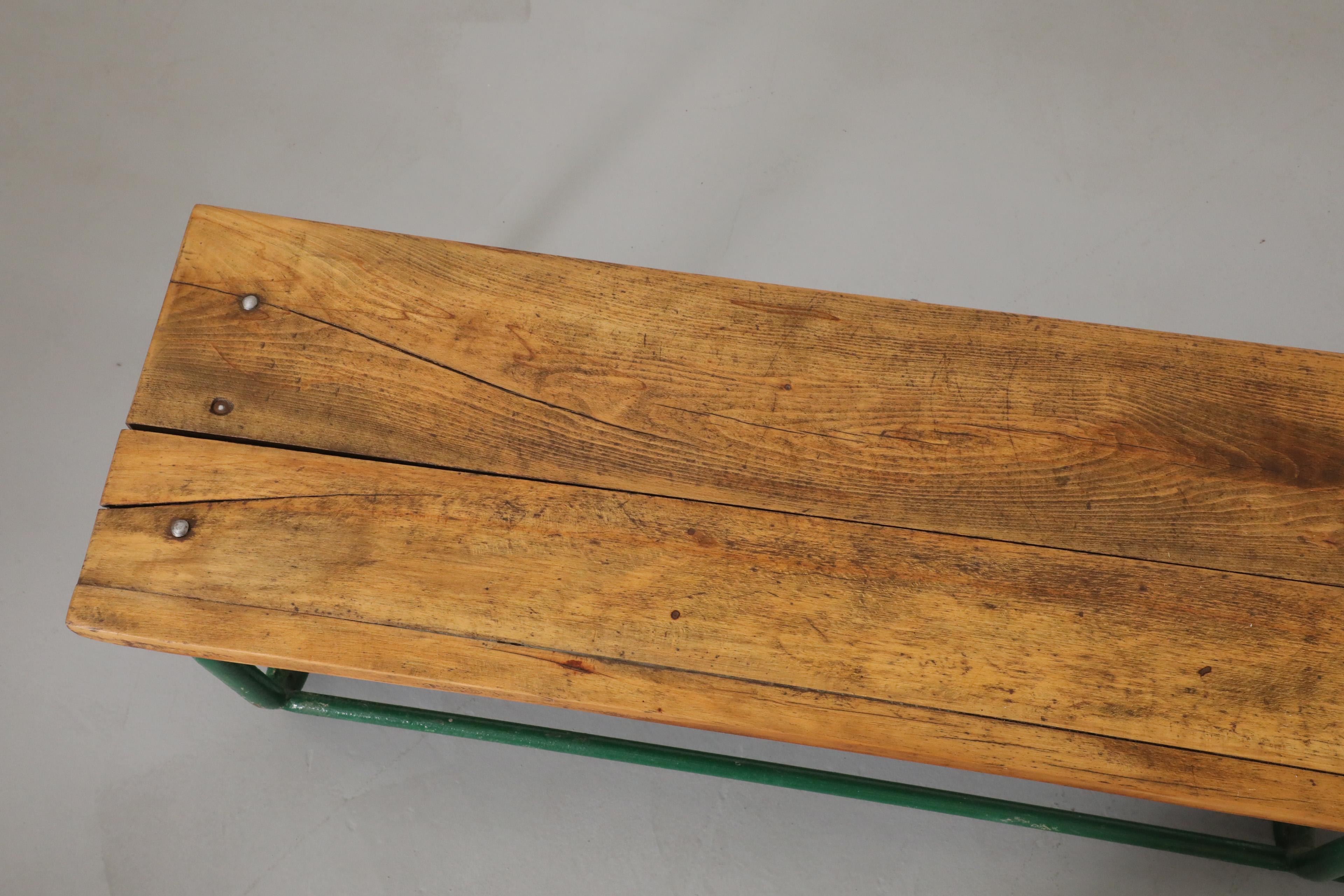 Vintage Extra Long Green Enameled Steel & Solid Oak Gym Bench with Lower Storage For Sale 5