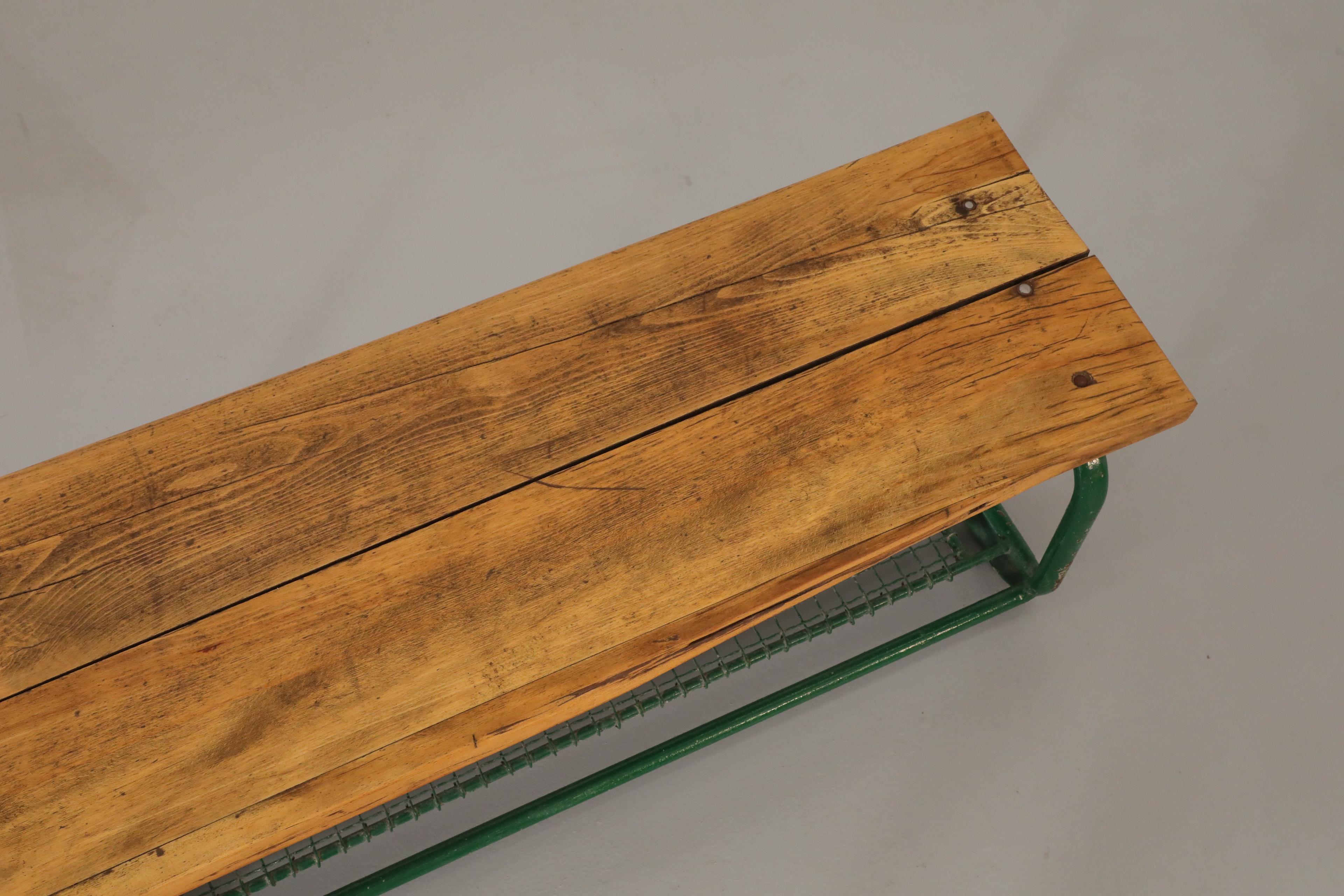 Vintage Extra Long Green Enameled Steel & Solid Oak Gym Bench with Lower Storage For Sale 7
