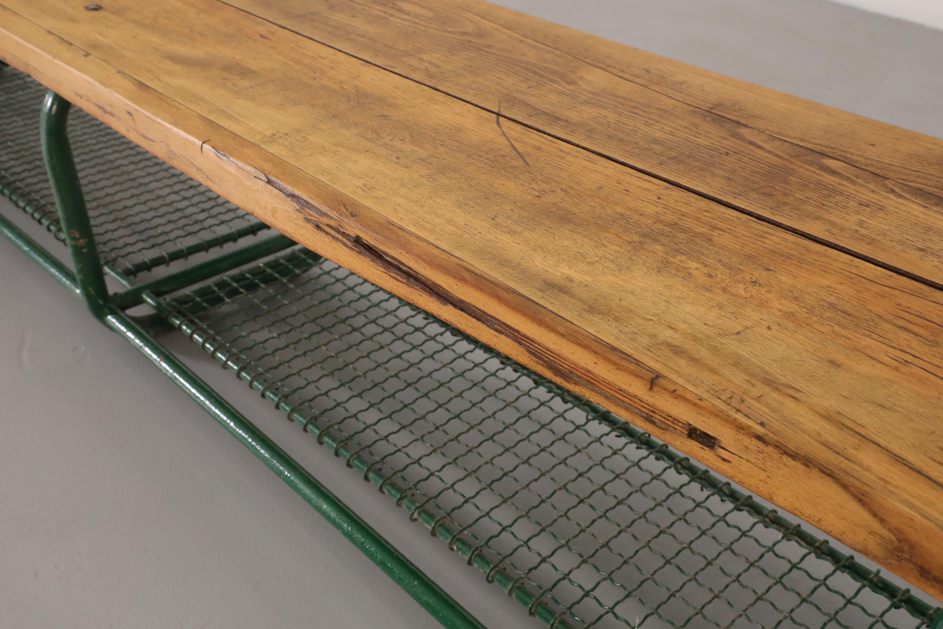 Vintage Extra Long Green Enameled Steel & Solid Oak Gym Bench with Lower Storage For Sale 8