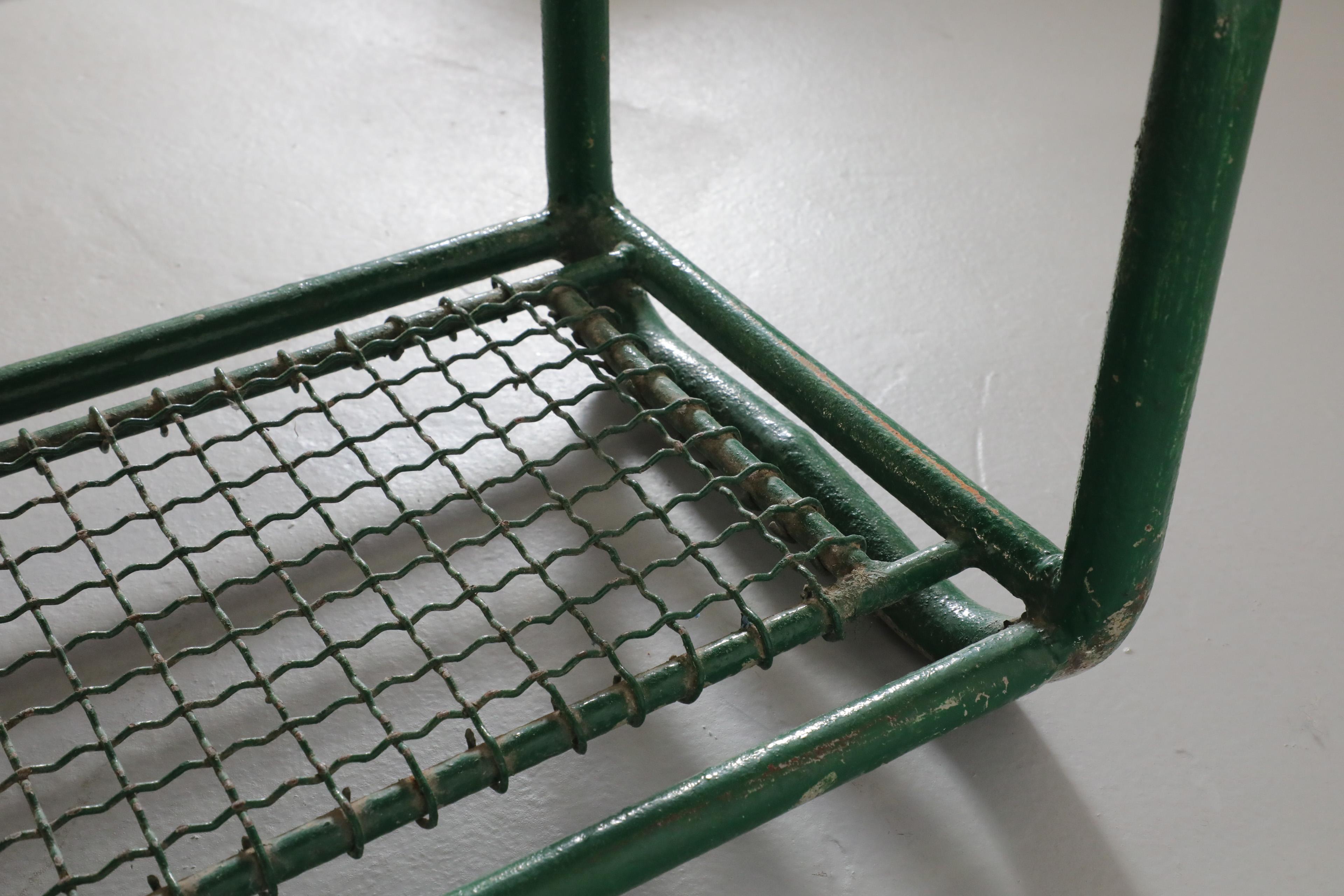 Vintage Extra Long Green Enameled Steel & Solid Oak Gym Bench with Lower Storage For Sale 11