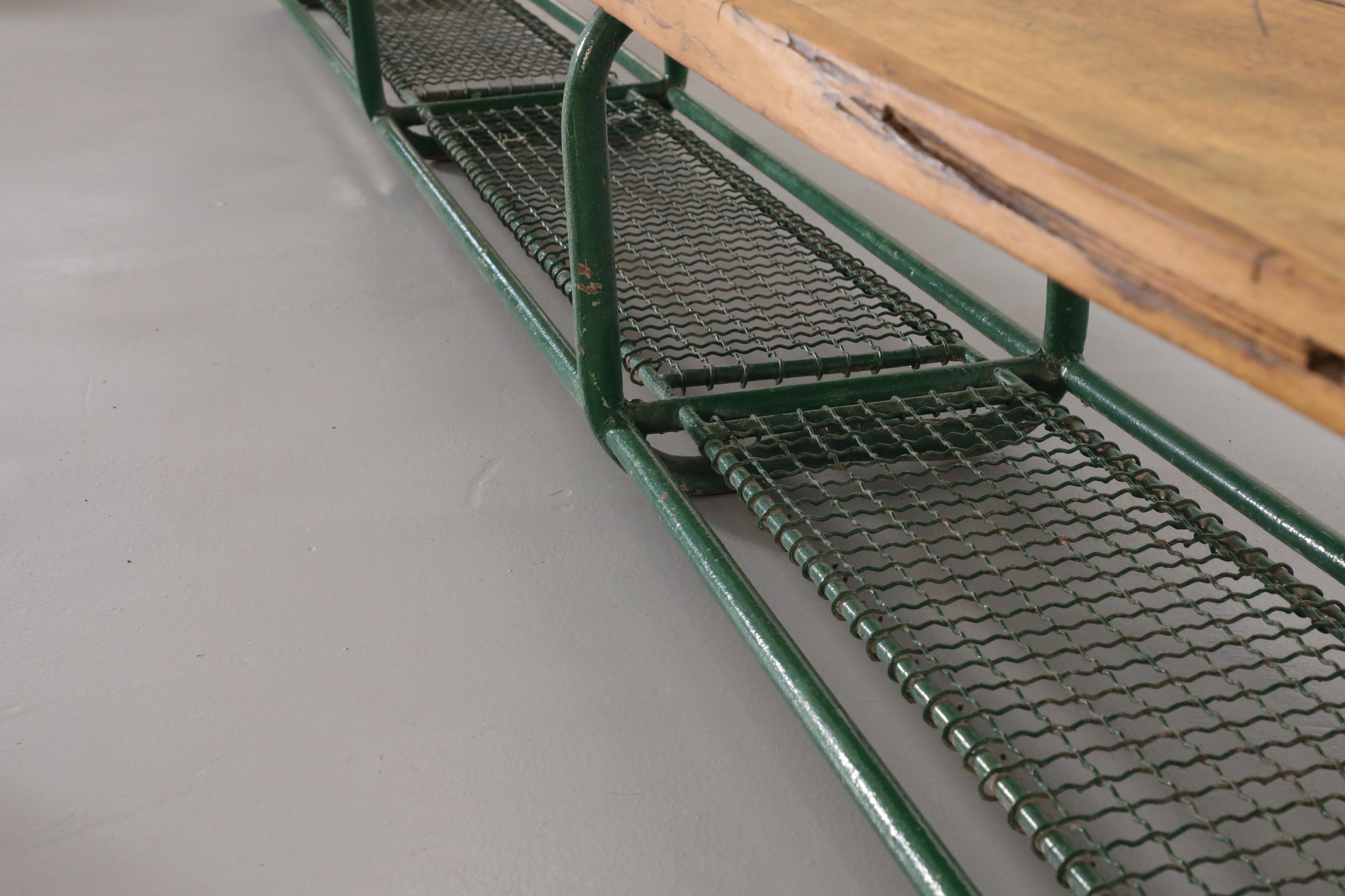 Vintage Extra Long Green Enameled Steel & Solid Oak Gym Bench with Lower Storage For Sale 11