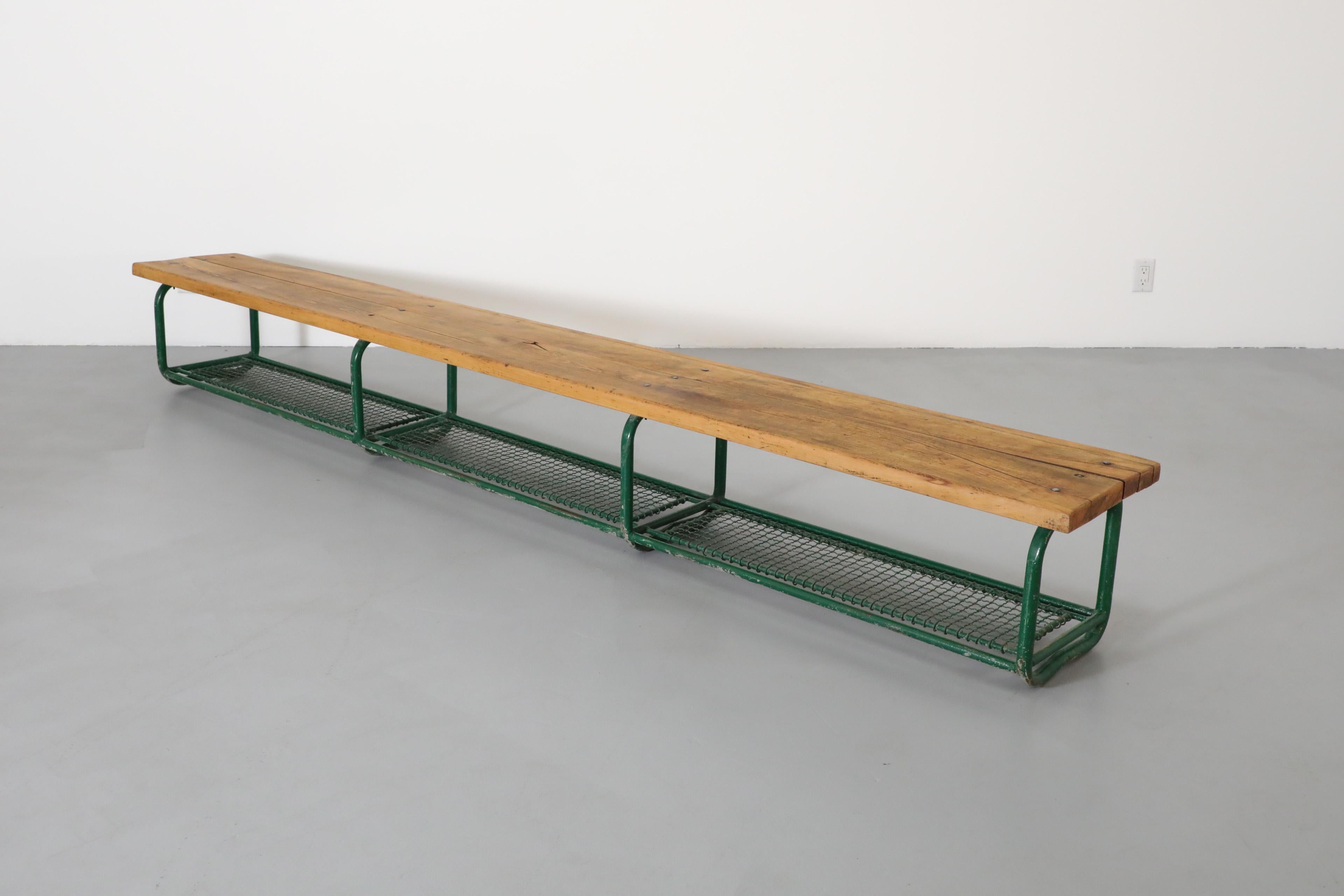 Vintage Extra Long Green Enameled Steel & Solid Oak Gym Bench with Lower Storage For Sale 13