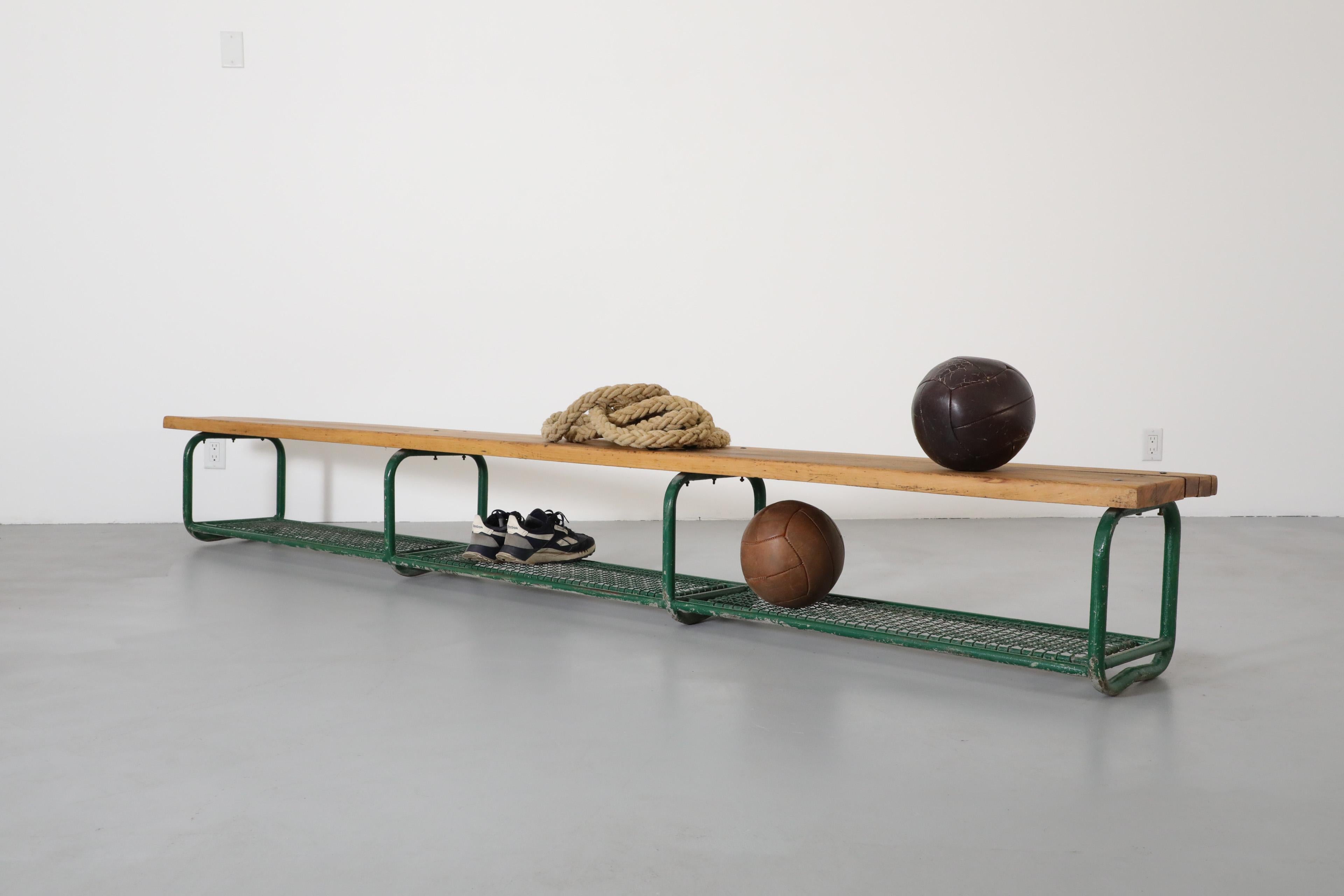 Mid-Century Modern Vintage Extra Long Green Enameled Steel & Solid Oak Gym Bench with Lower Storage For Sale