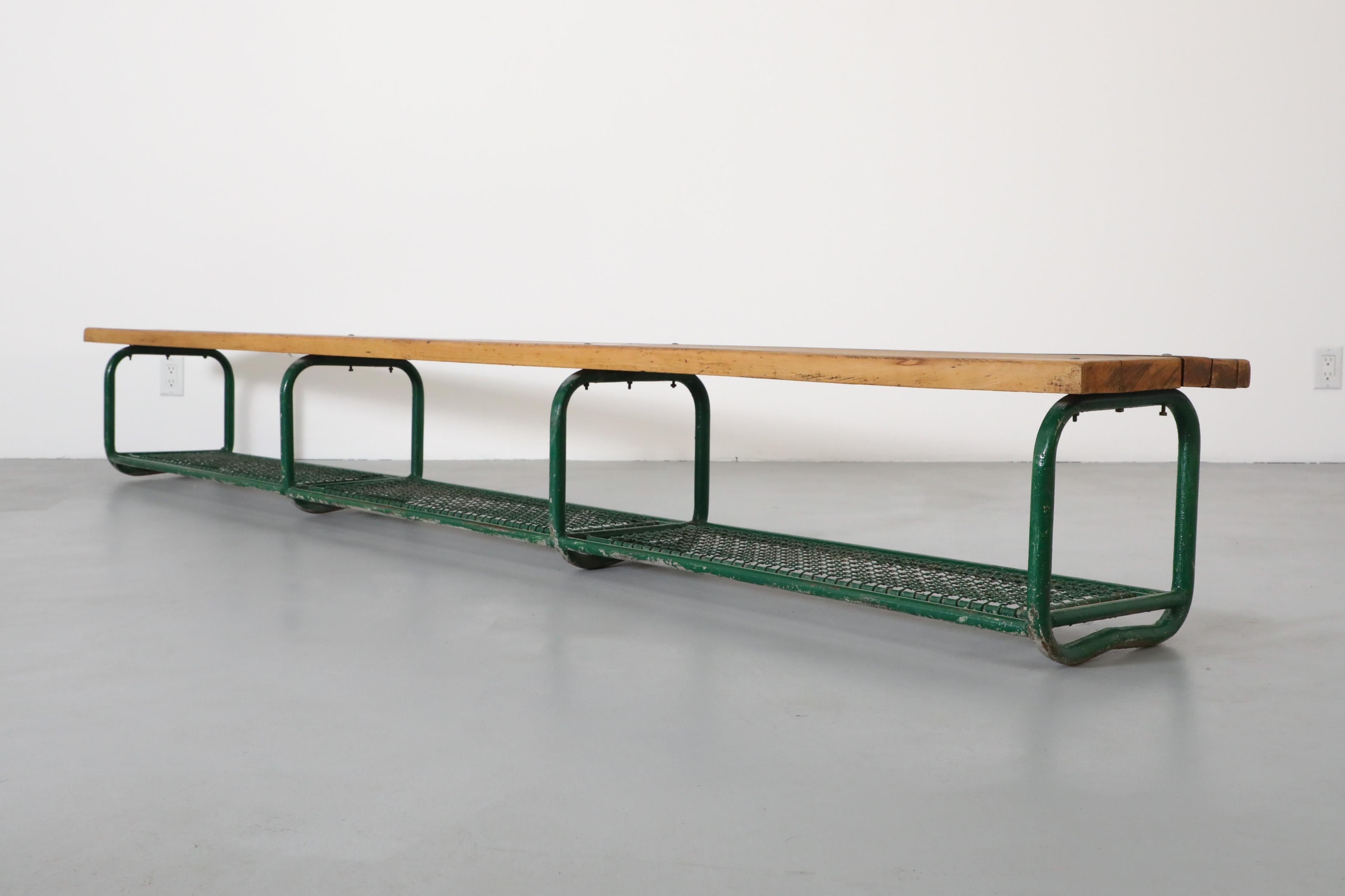Late 20th Century Vintage Extra Long Green Enameled Steel & Solid Oak Gym Bench with Lower Storage For Sale