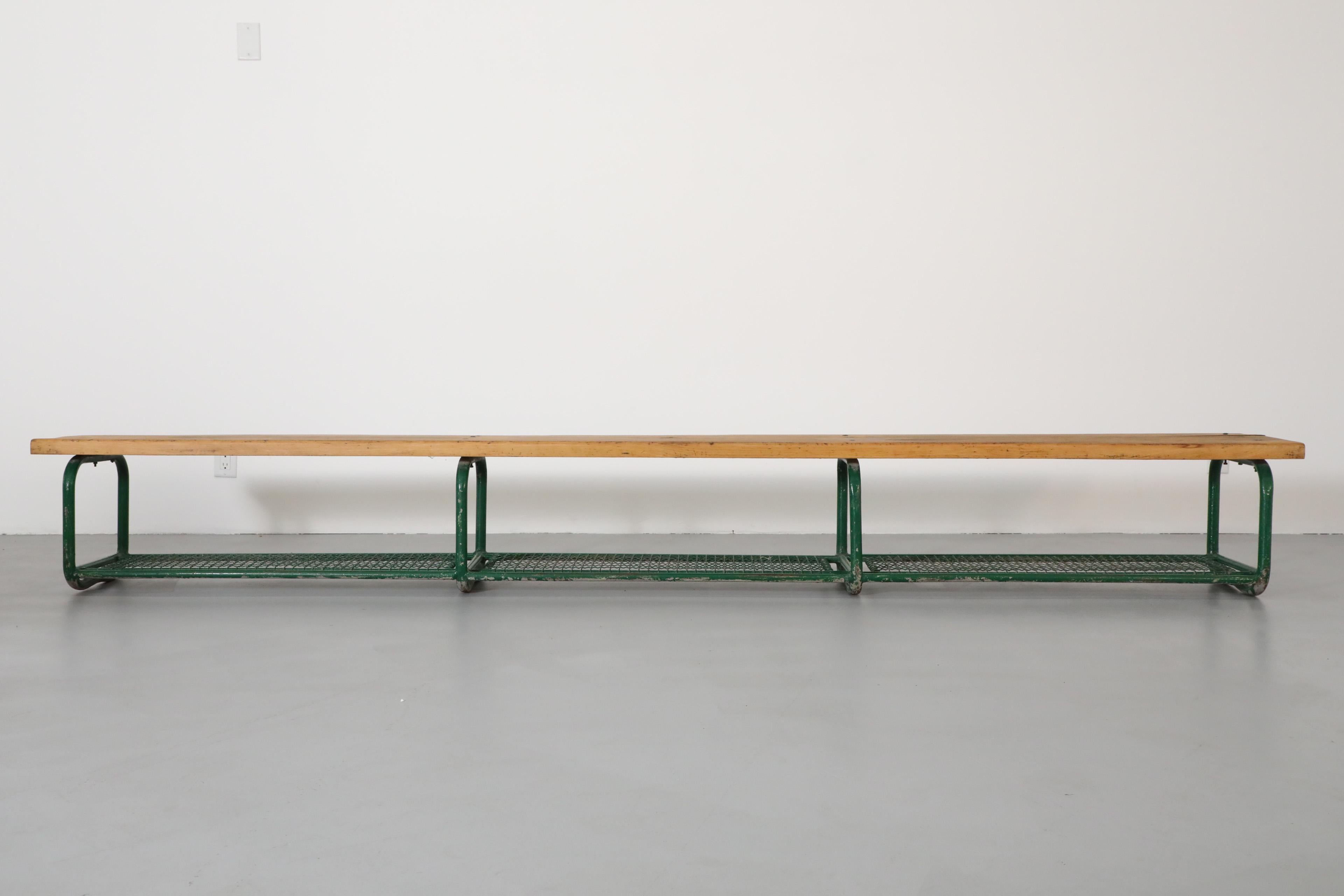 Metal Vintage Extra Long Green Enameled Steel & Solid Oak Gym Bench with Lower Storage For Sale