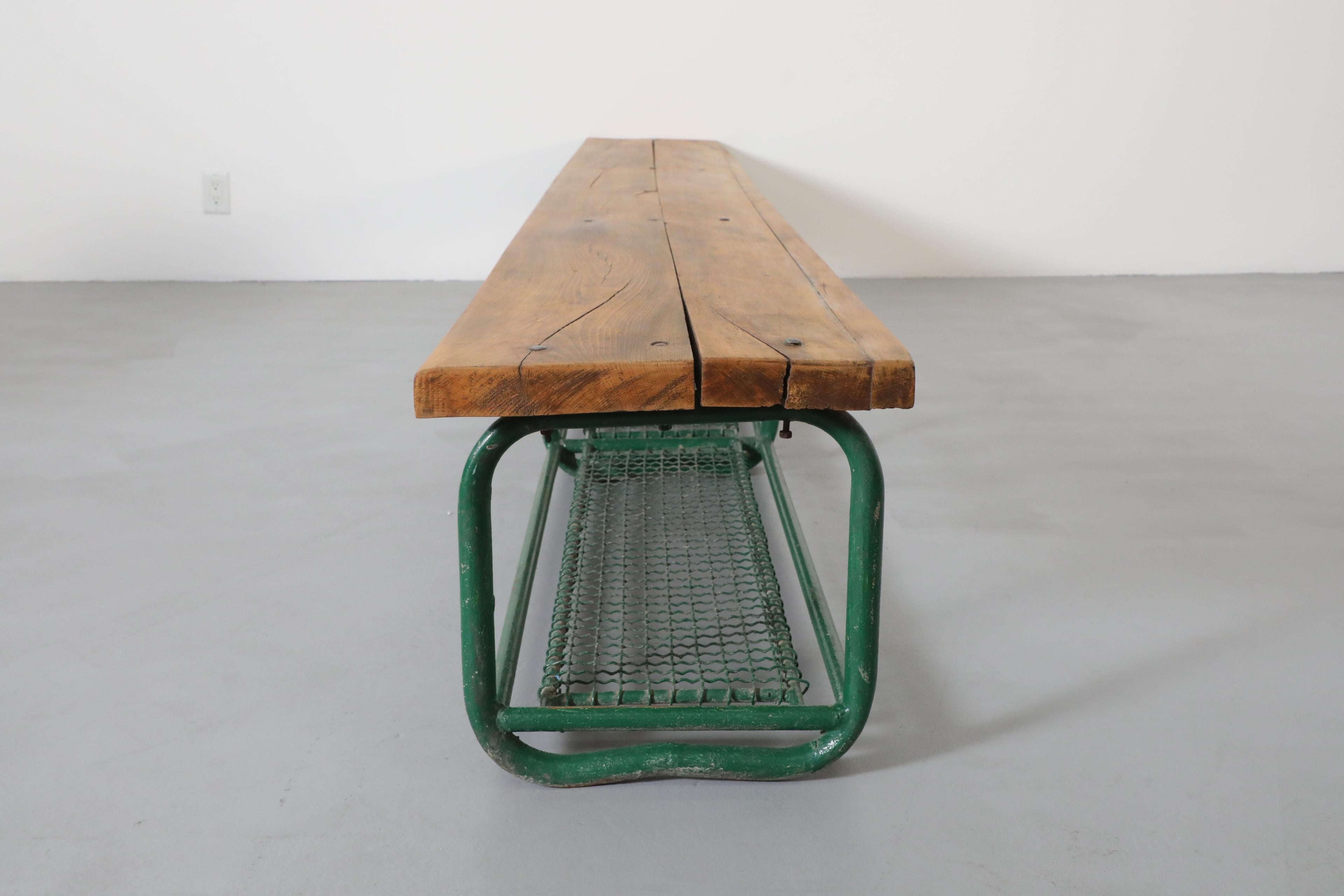 Vintage Extra Long Green Enameled Steel & Solid Oak Gym Bench with Lower Storage For Sale 1