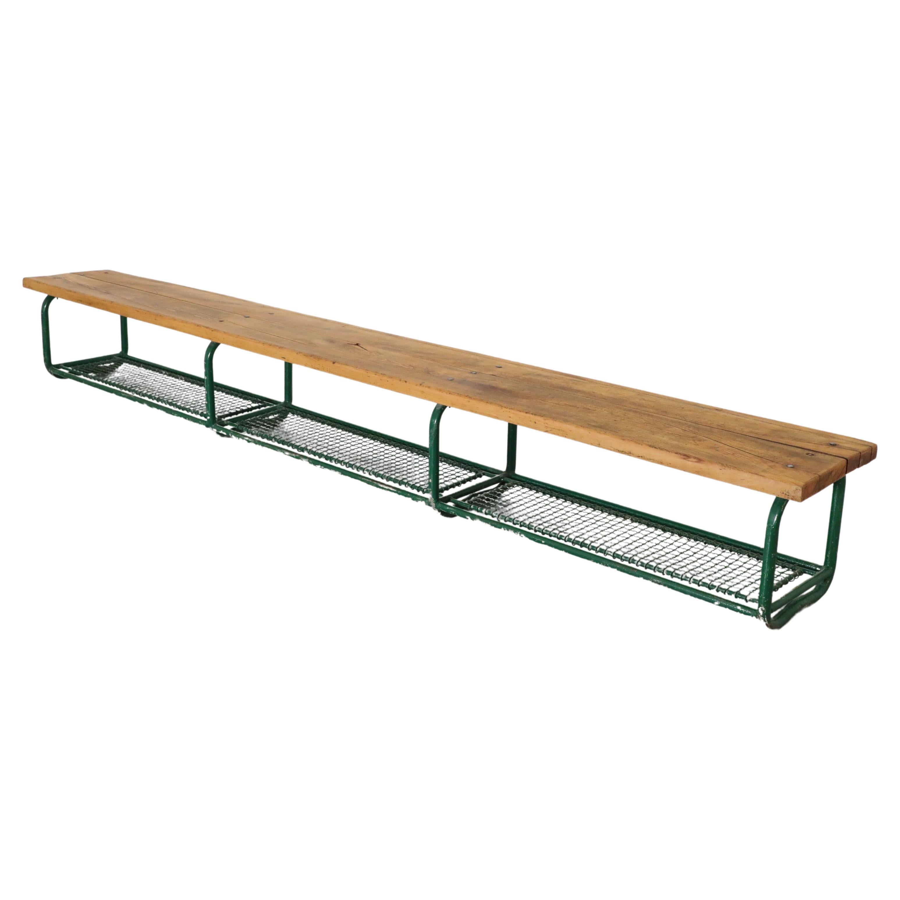 Vintage Extra Long Green Enameled Steel & Solid Oak Gym Bench with Lower Storage For Sale