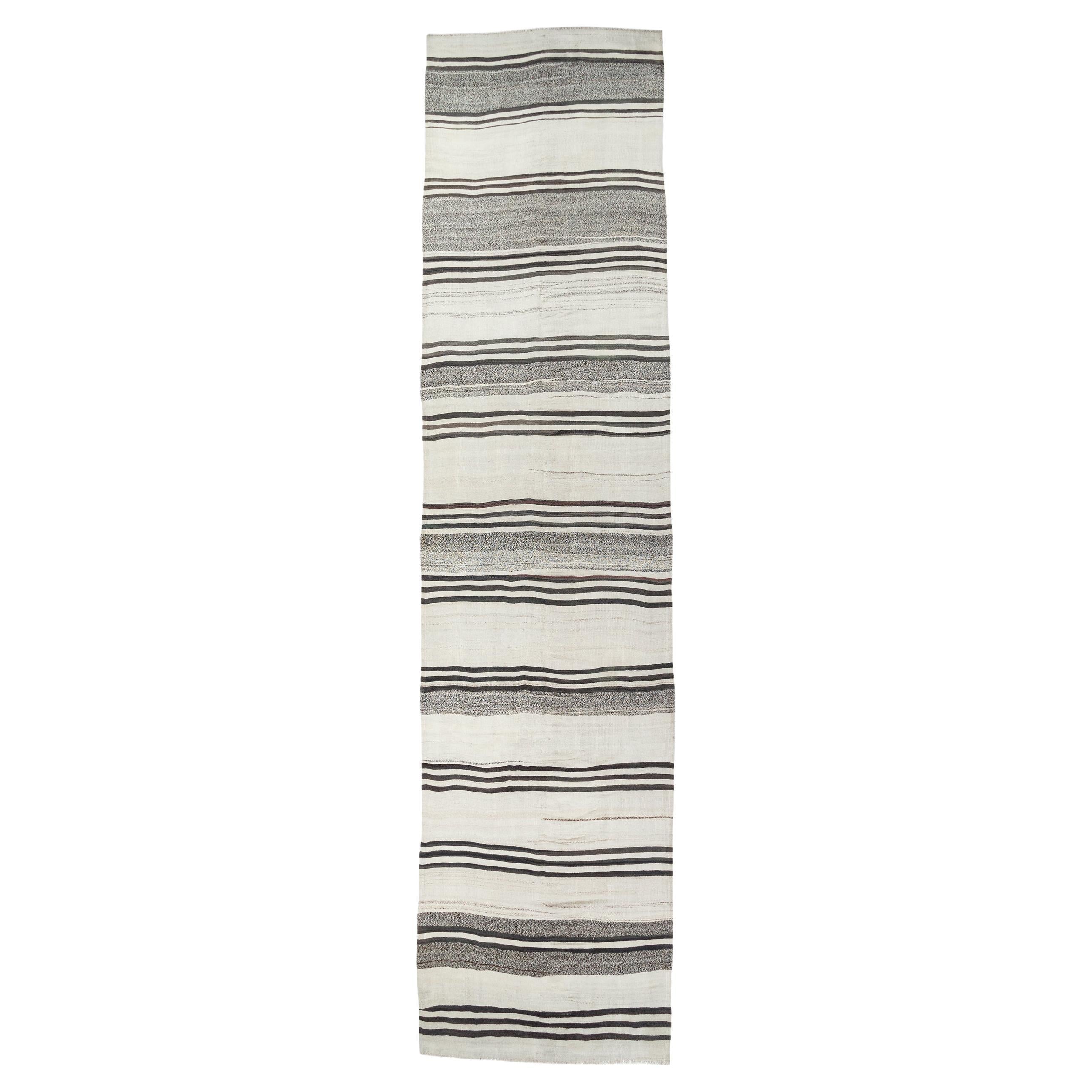 Extra Long Vintage Ivory Turkish Kilim Runner 2'3 x 26'3 For Sale at