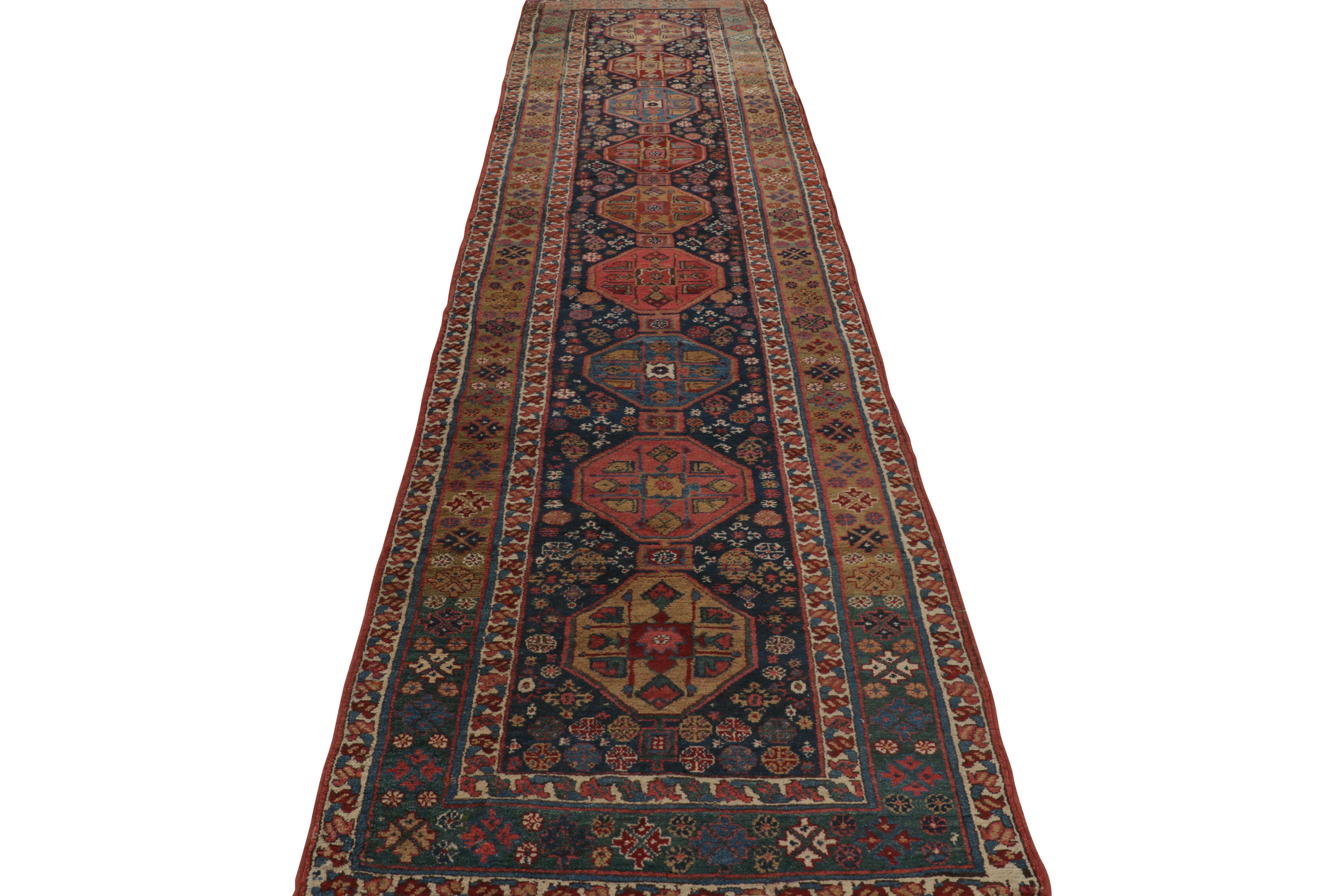 Turkish Vintage Extra-Long Runner Rug in Blue with Geometric Medallions - Rug & Kilim For Sale