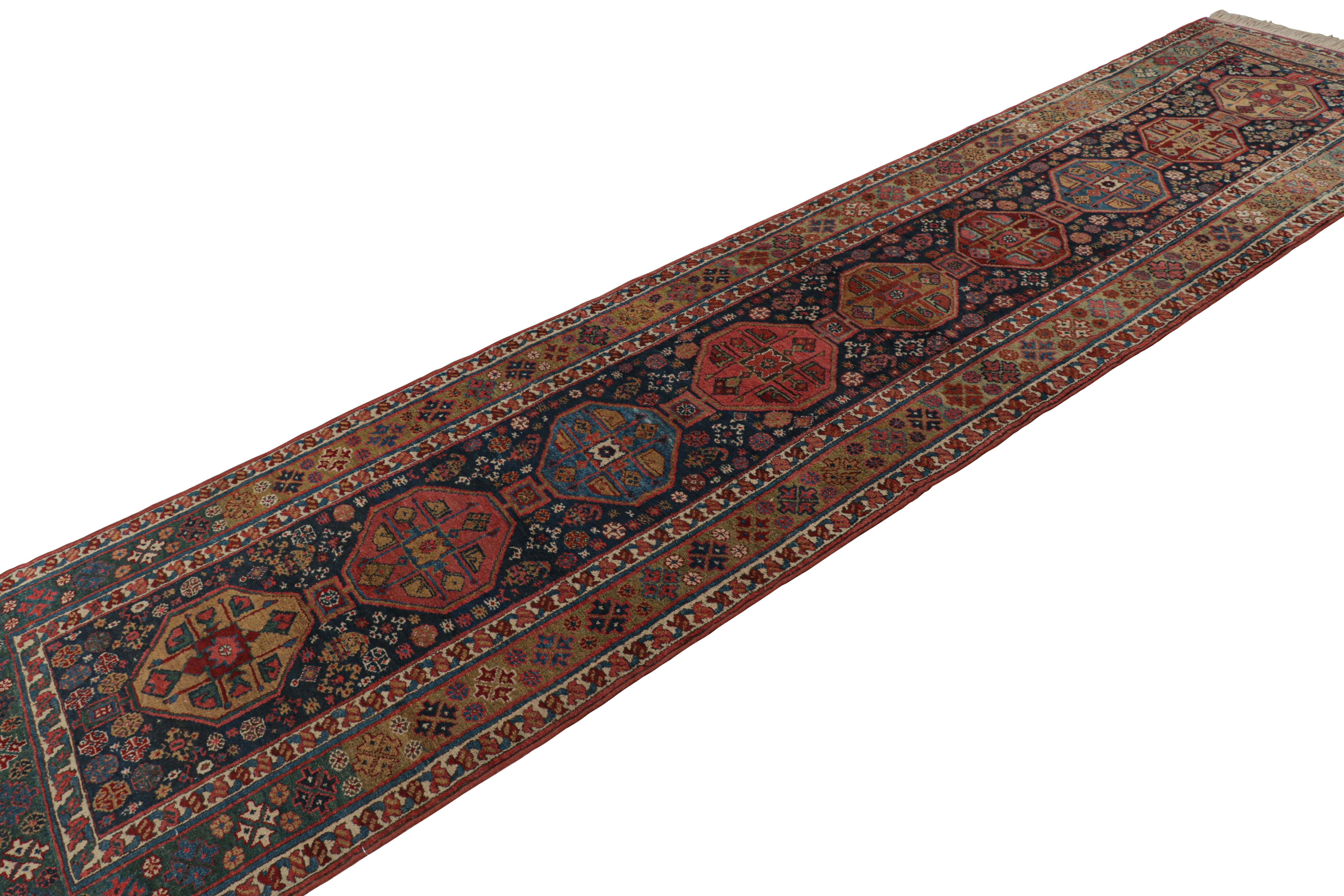 Hand-Knotted Vintage Extra-Long Runner Rug in Blue with Geometric Medallions - Rug & Kilim For Sale