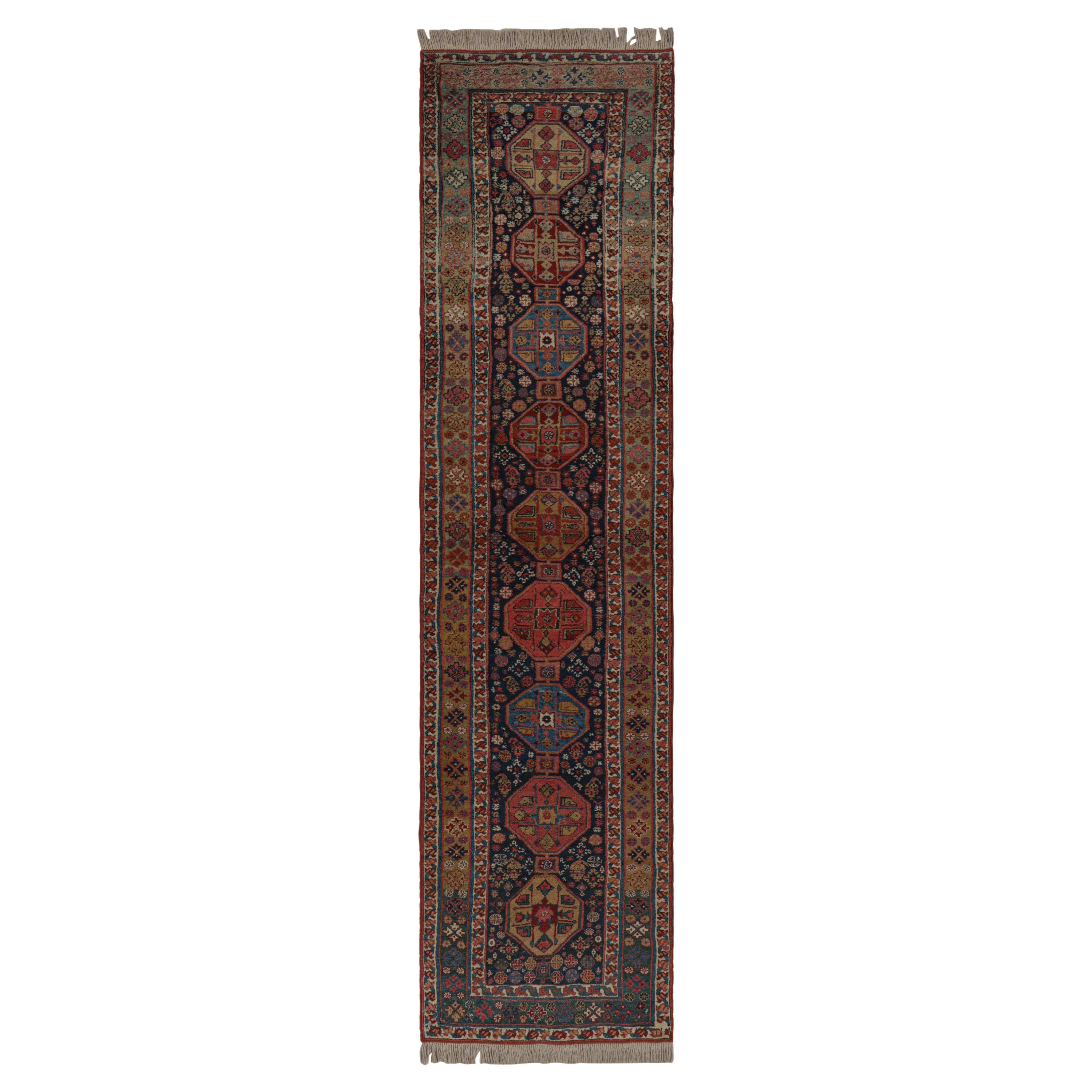 Vintage Extra-Long Runner Rug in Blue with Geometric Medallions - Rug & Kilim For Sale