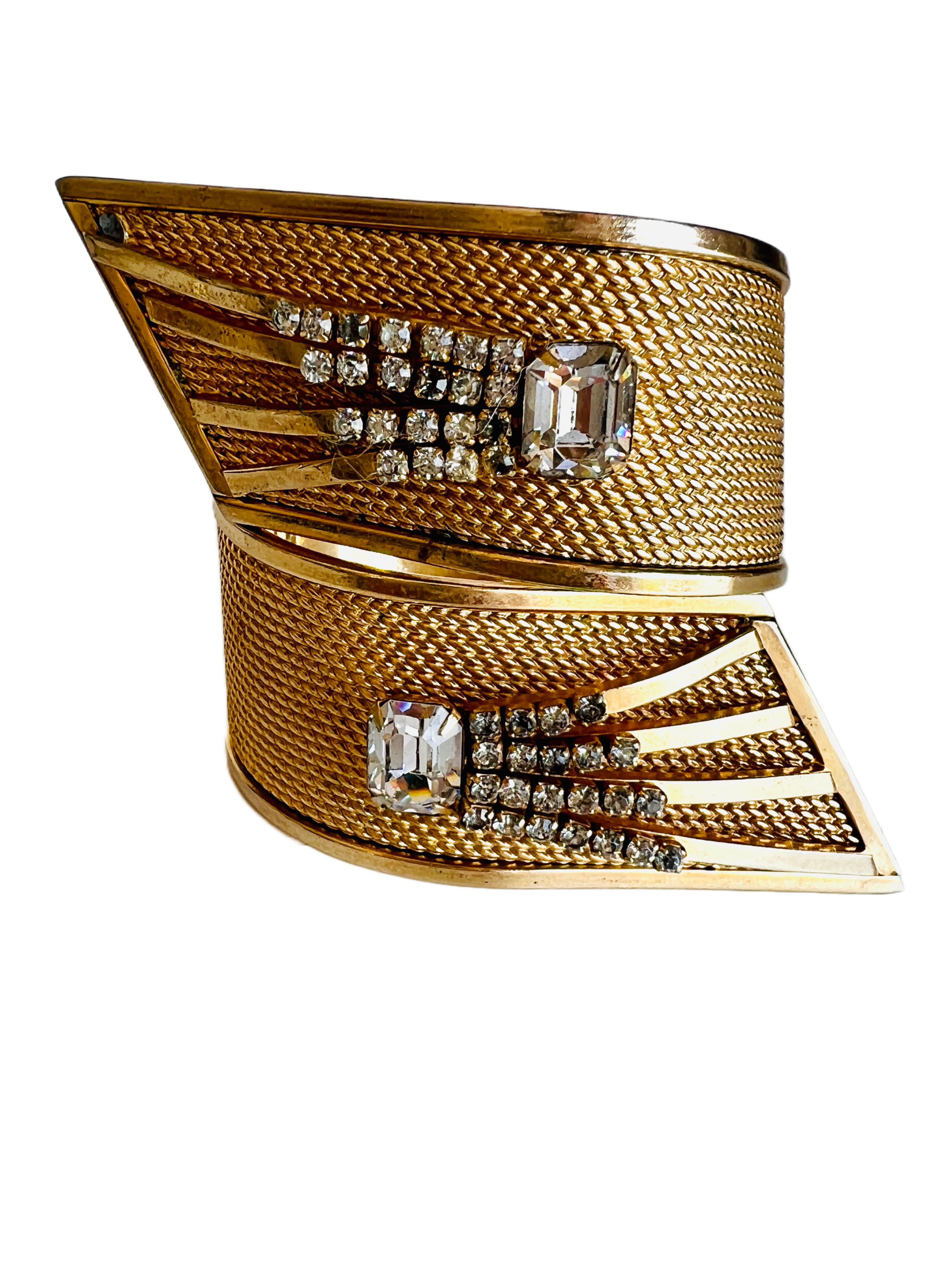 Vintage Extra Wide Vargas Gold Mesh Rhinestone Starburst Hinged Clamper Armband im Zustand „Gut“ im Angebot in Sausalito, CA