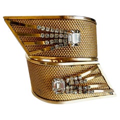 Vintage Extra Wide Vargas Gold Mesh Rhinestone Starburst Hinged Clamper Bracelet