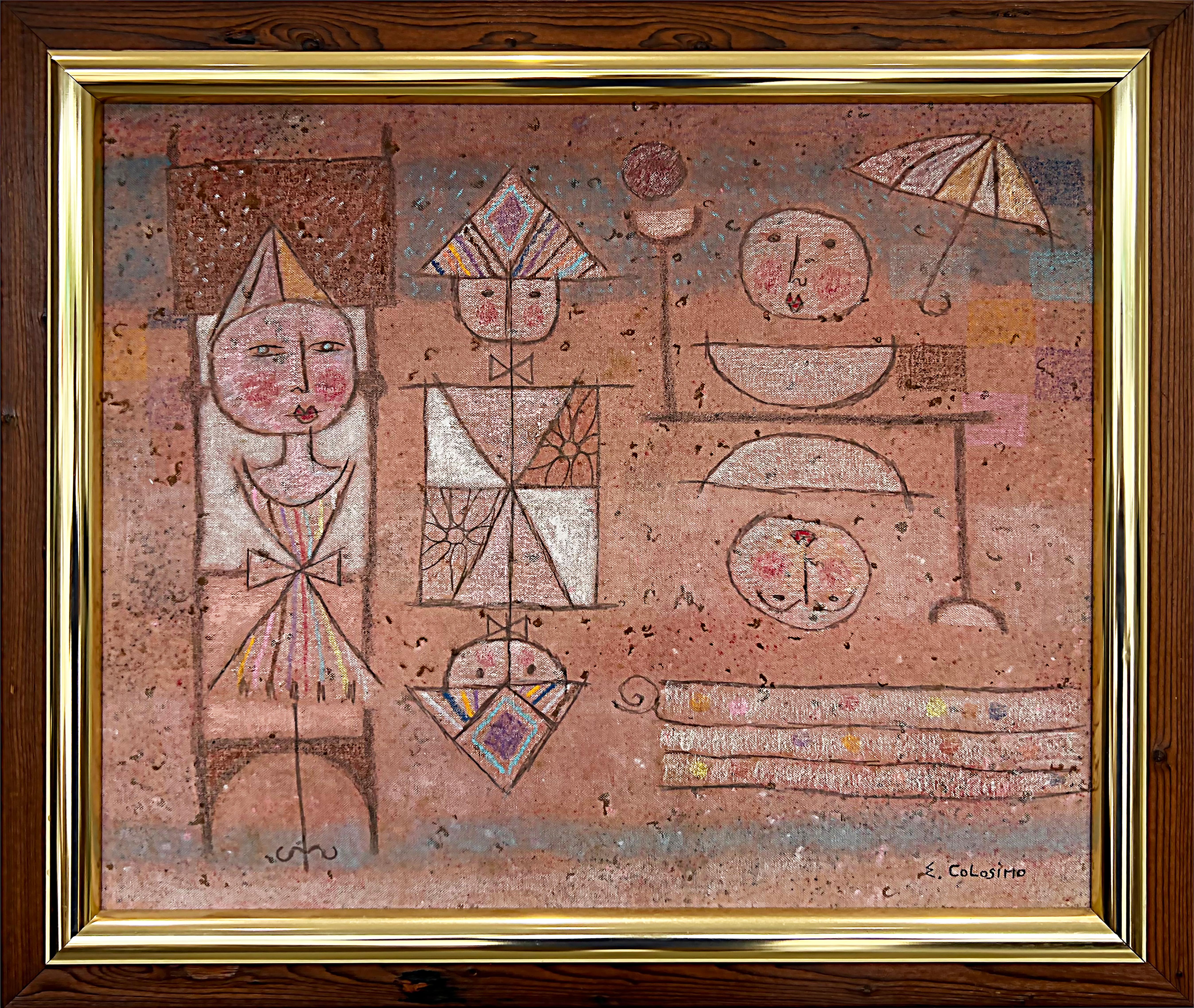 Brass Vintage Ezio Colosimo Geometric Abstract Painting in Blush Tones For Sale