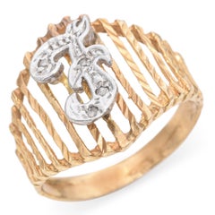 Vintage "F" Initial Diamond Two-Tone 14K Gold Ring