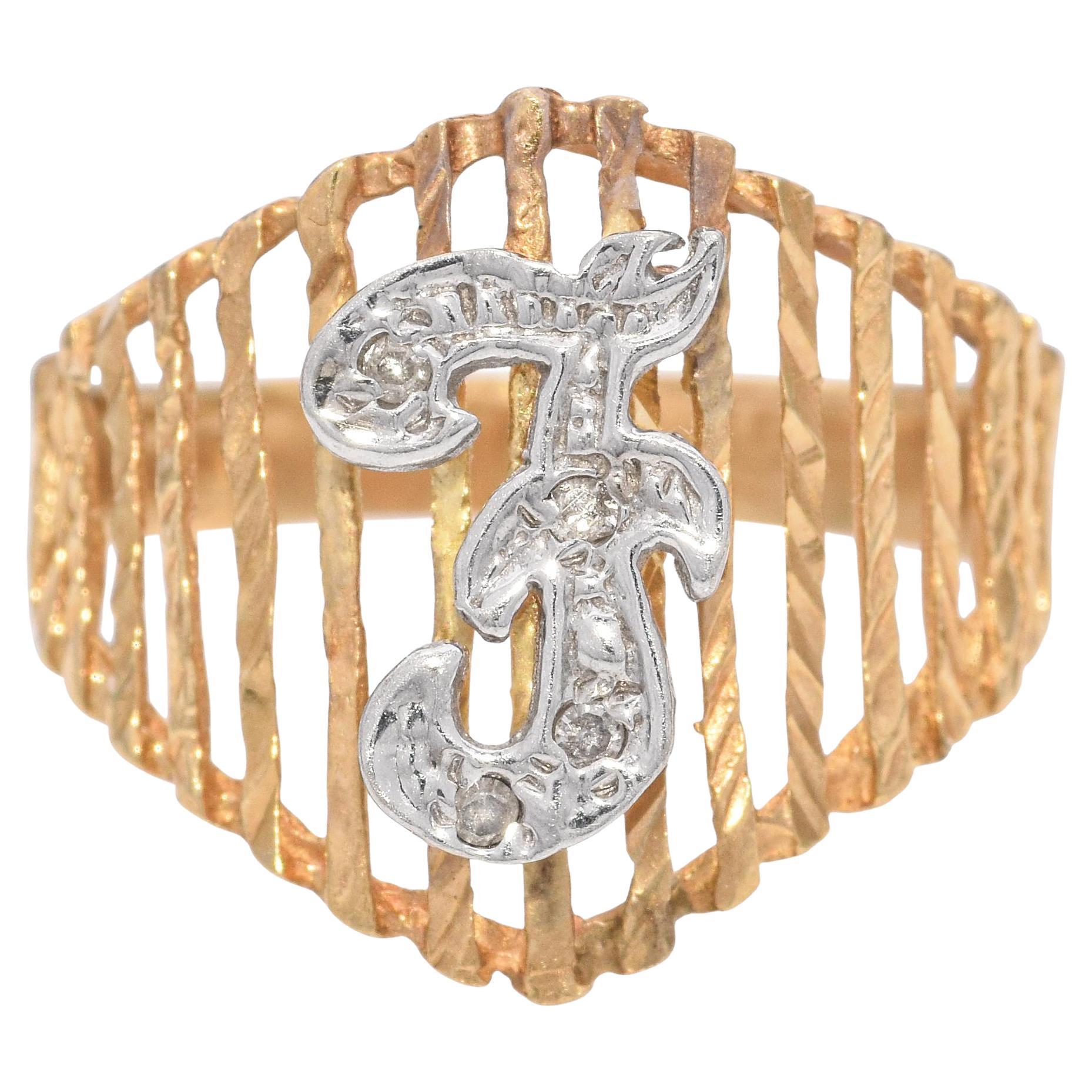 Vintage "F" Initial Diamond Two-Tone 14K Gold Ring