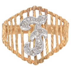 Vintage "F" Initial Diamond Two-Tone 14K Gold Ring