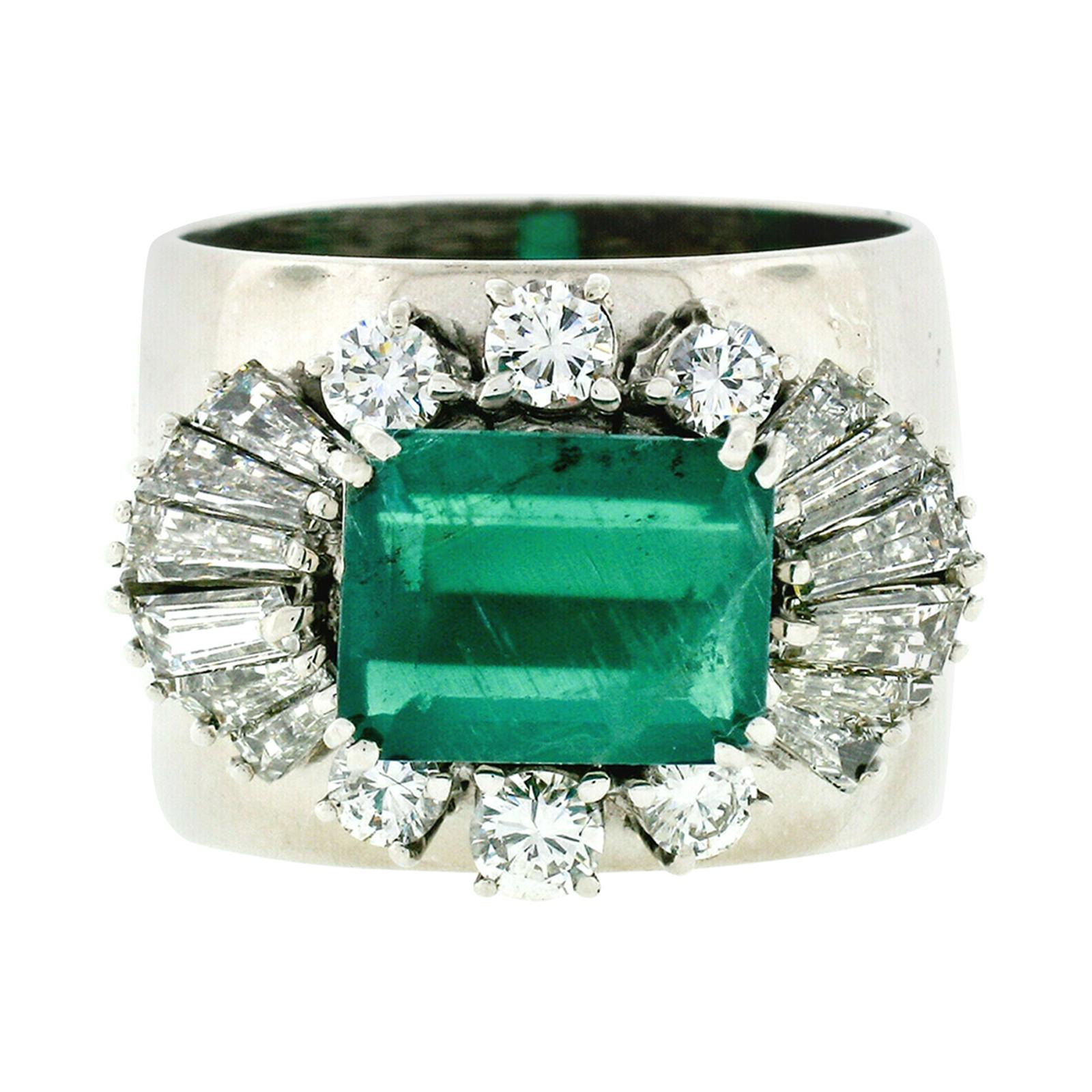 Vintage F. Moroni 18k Gold 2.35ct GIA Emerald Diamond Wide Cocktail Band Ring