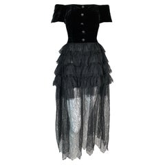 Vintage F/W 1991 Chanel Runway Off Shoulder Velvet & Lace Gown Dress