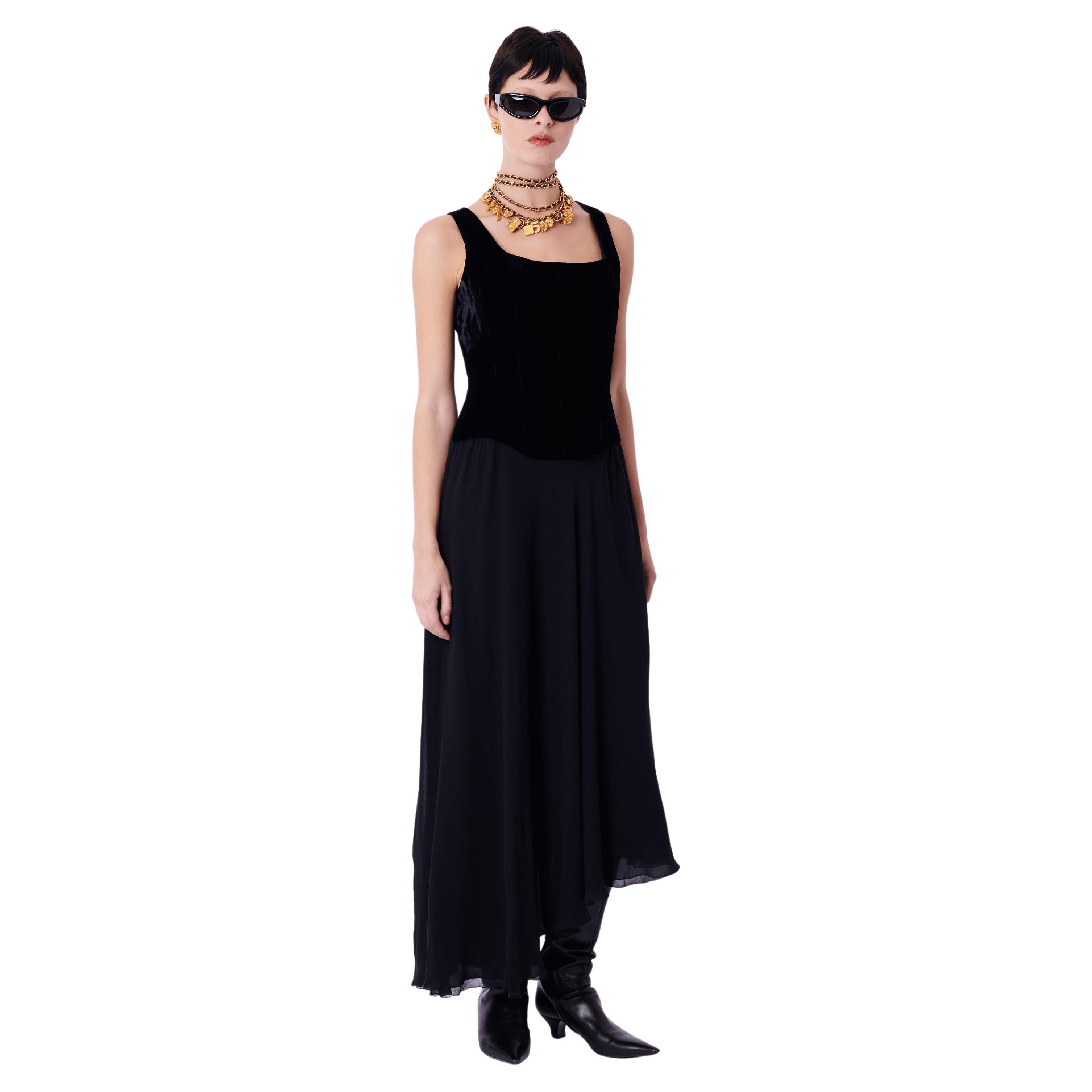 Vintage F/W 1993 Runway Black Velvet Boned Corset Dress For Sale