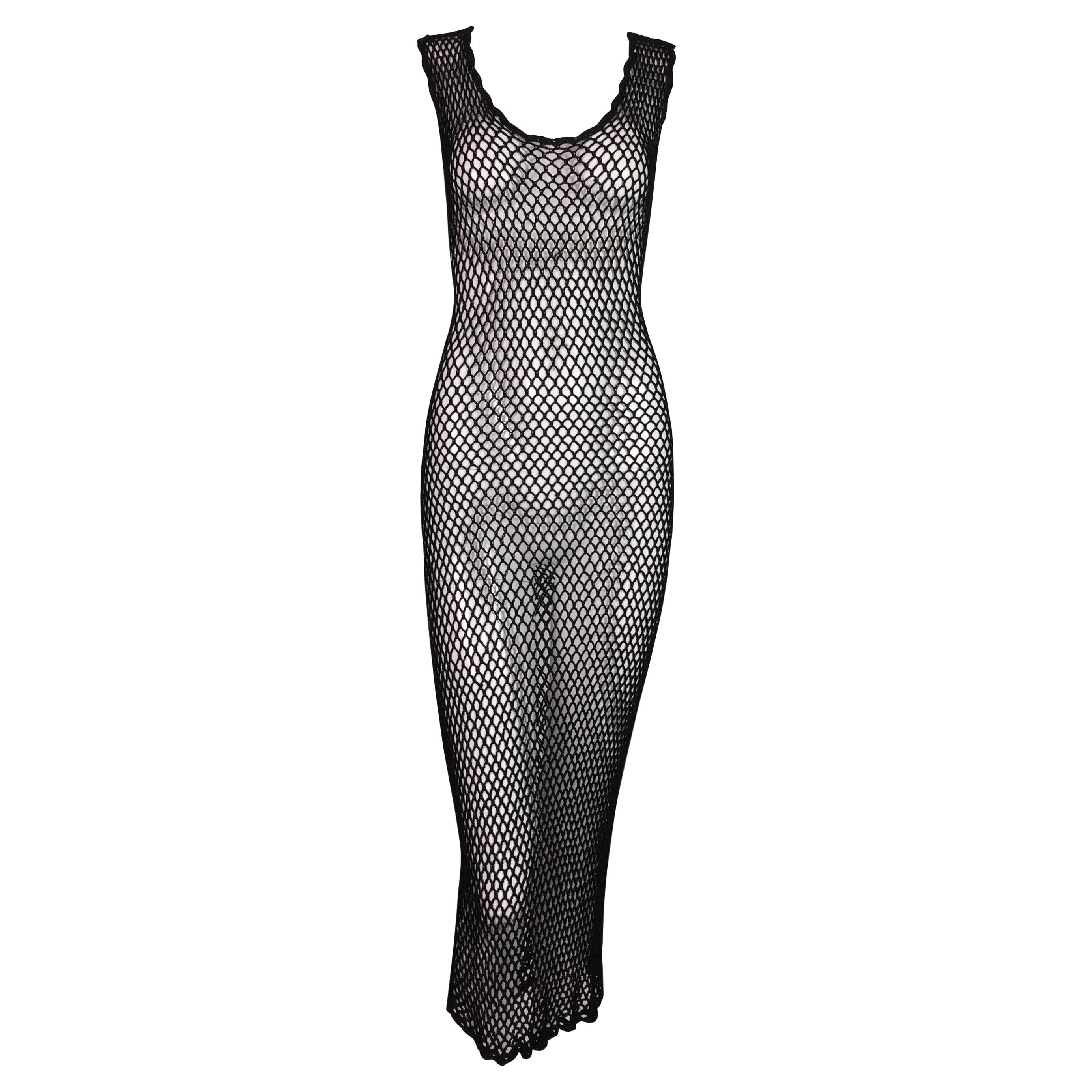 Vintage F/W 1995 Dolce & Gabbana Black Knit Sheer Fishnet Maxi Dress