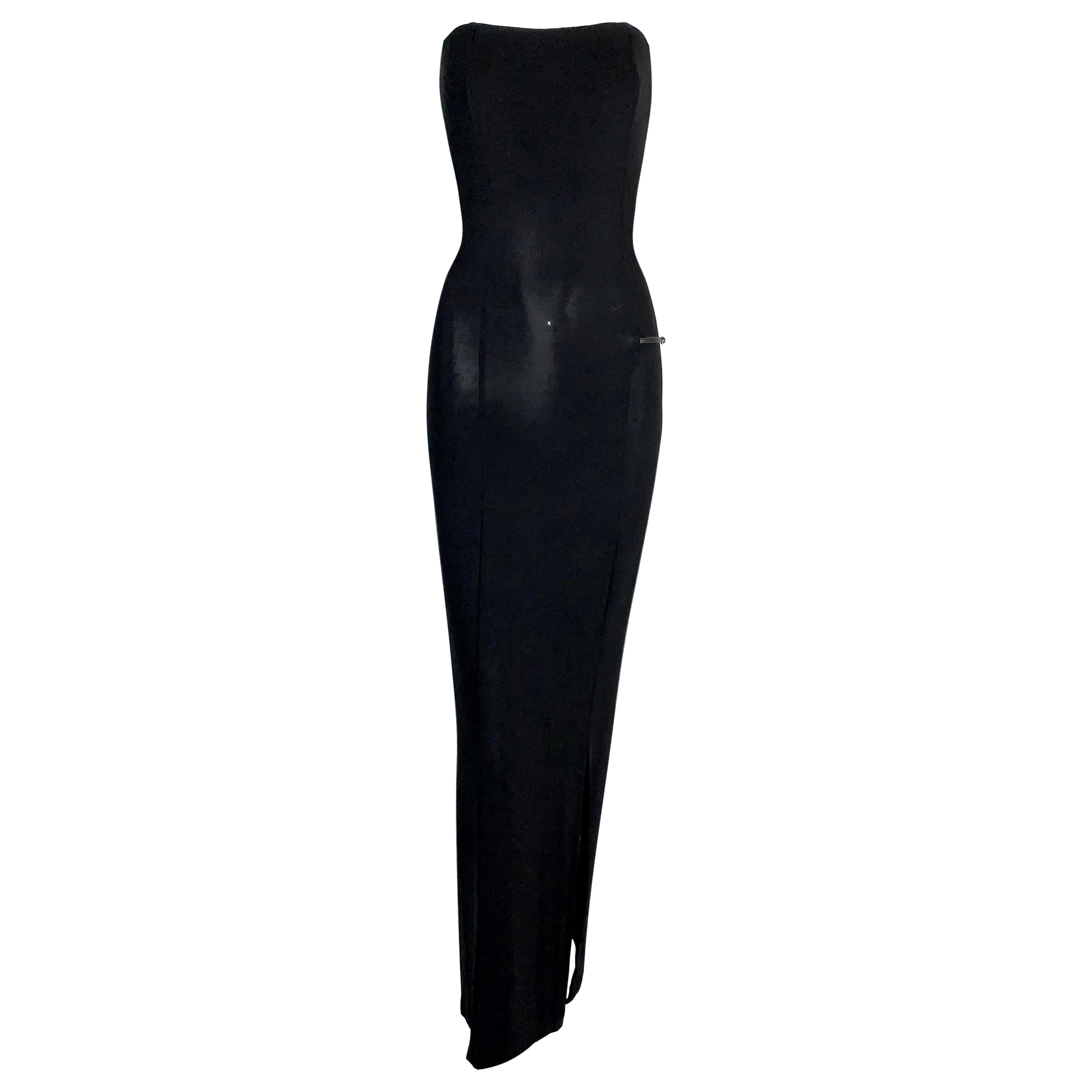 Vintage F/W 1998 Gucci Tom Ford Black Strapless Gown Dress w Logo Side Belt 38