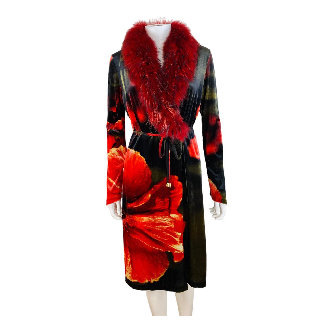Vintage F/W 1999 Roberto Cavalli Velvet Red Floral Jacket Dress Fox Fur Collar For Sale 6