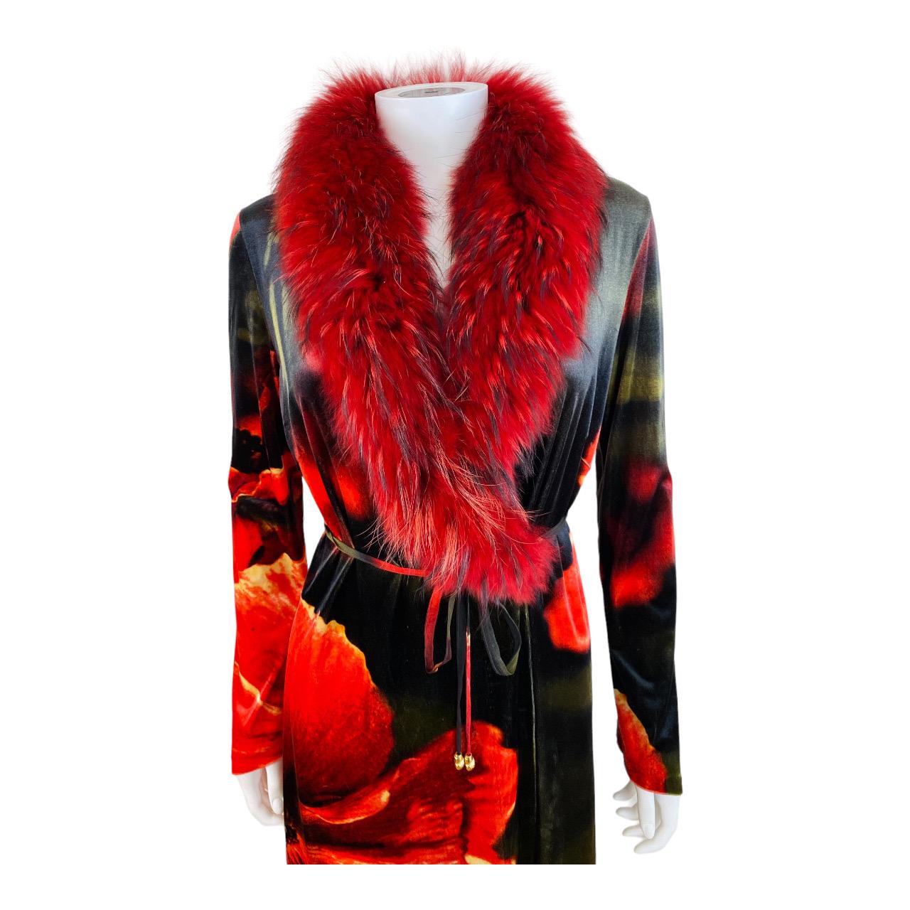 Vintage F/W 1999 Roberto Cavalli Velvet Red Floral Jacket Dress Fox Fur Collar For Sale 7