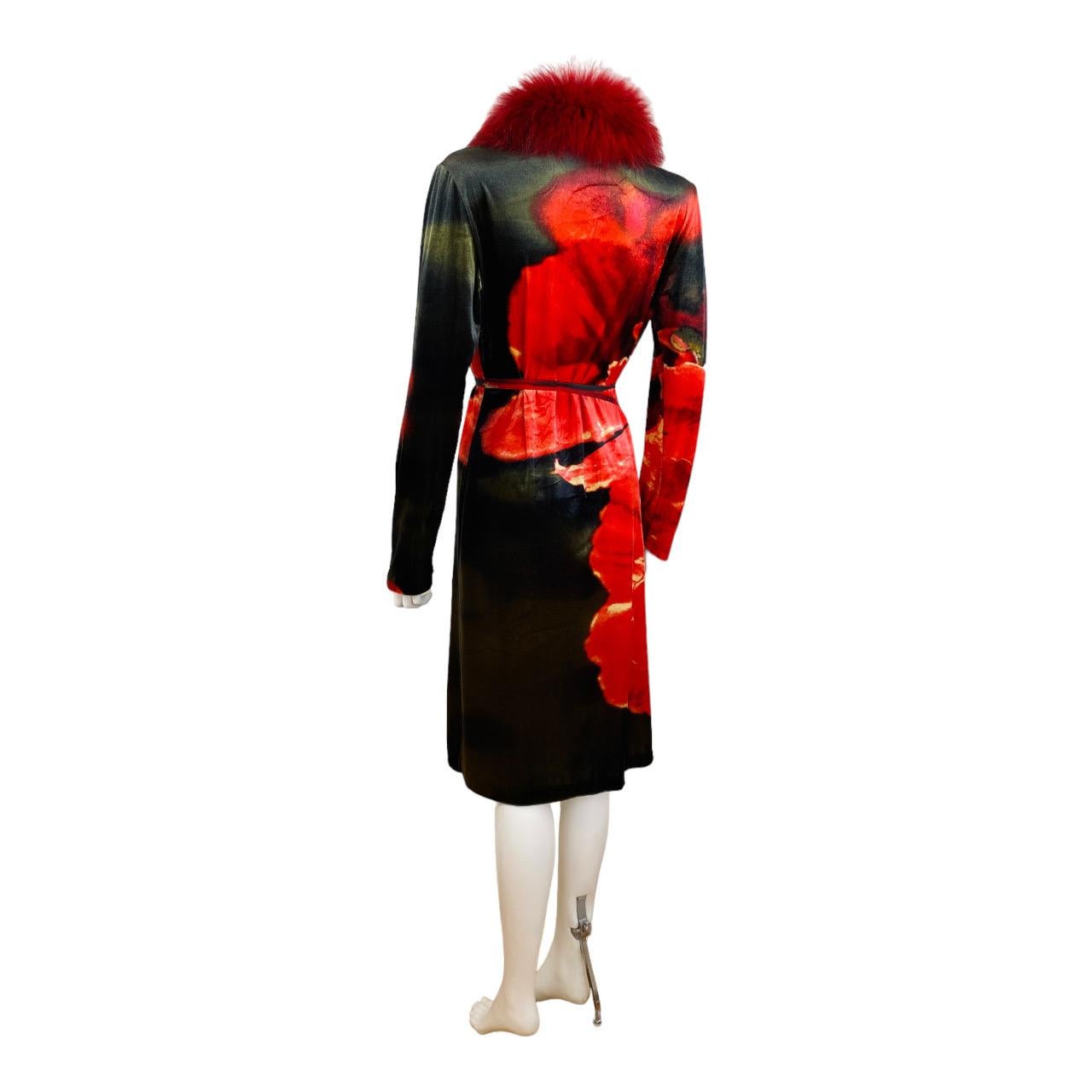 Vintage F/W 1999 Roberto Cavalli Velvet Red Floral Jacket Dress Fox Fur Collar For Sale 8