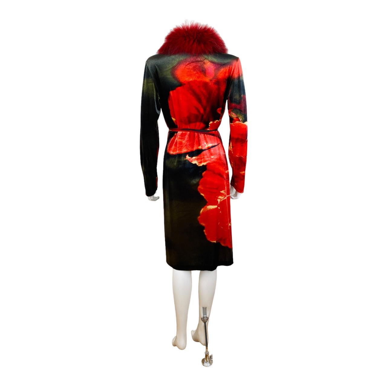 Vintage F/W 1999 Roberto Cavalli Velvet Red Floral Jacket Dress Fox Fur Collar For Sale 9