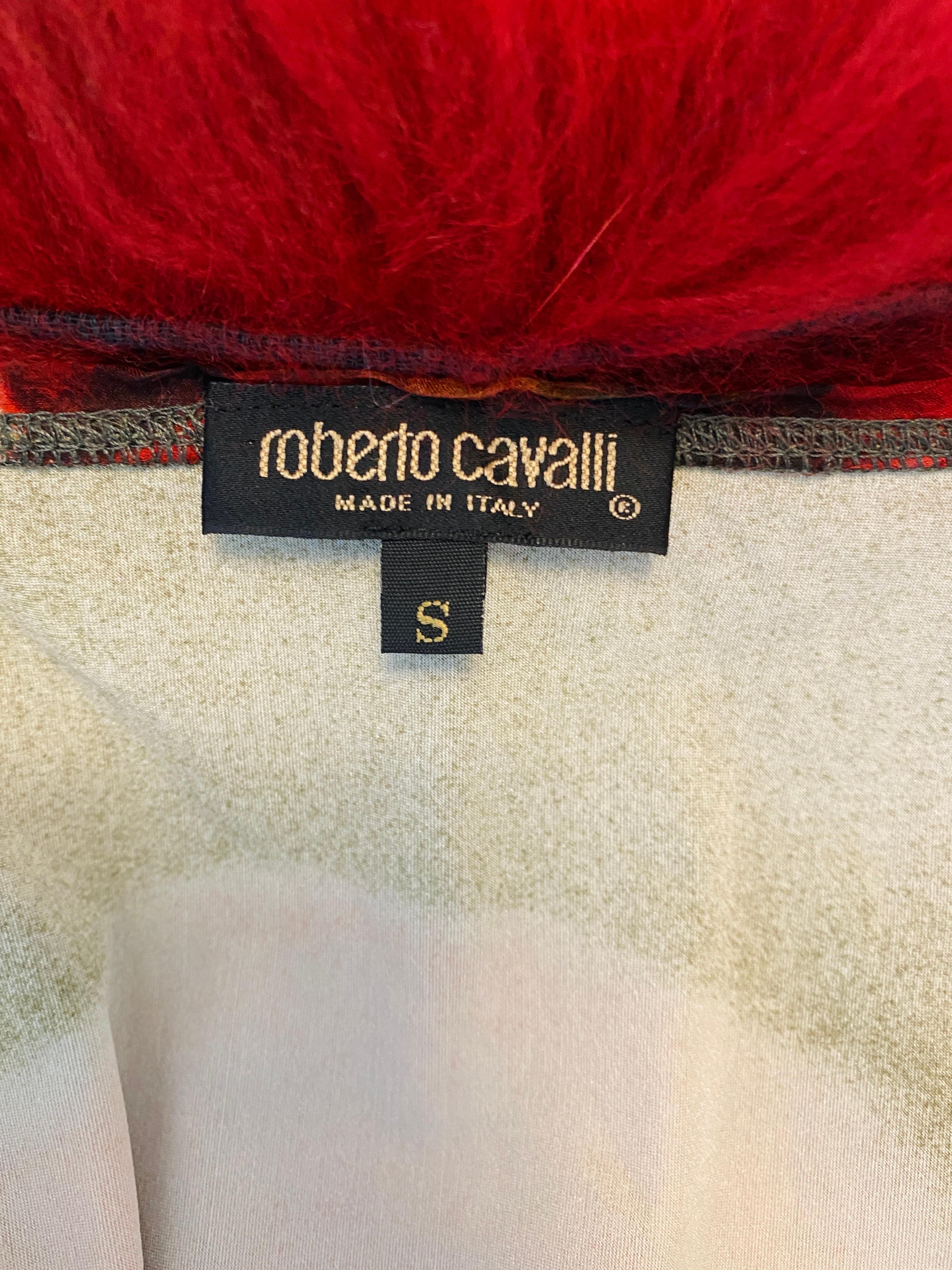 Vintage F/W 1999 Roberto Cavalli Velvet Red Floral Jacket Dress Fox Fur Collar For Sale 12